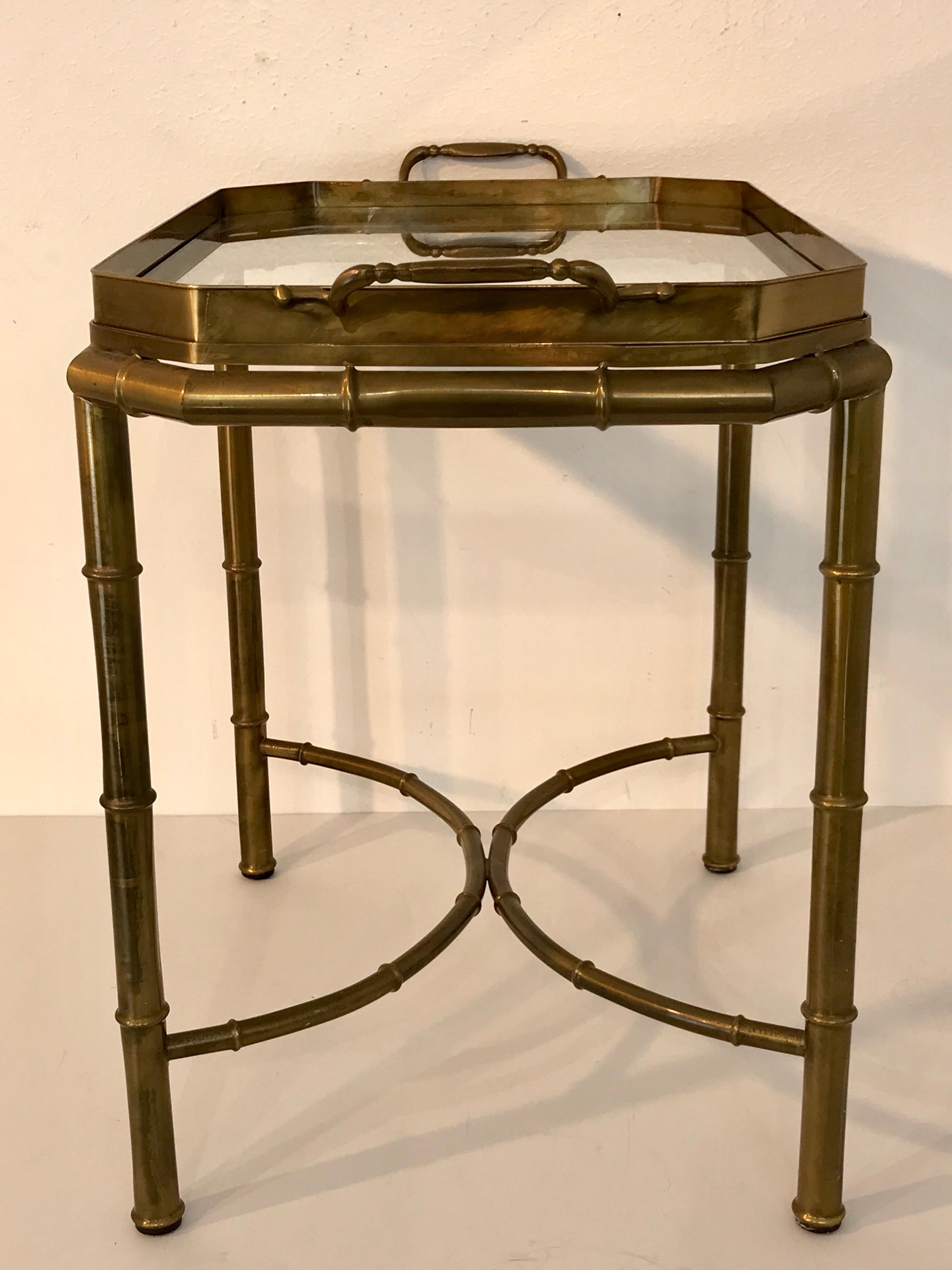 Faux Bois Campaign style patinated brass tray table, by Mastercraft. In two parts with removable 26