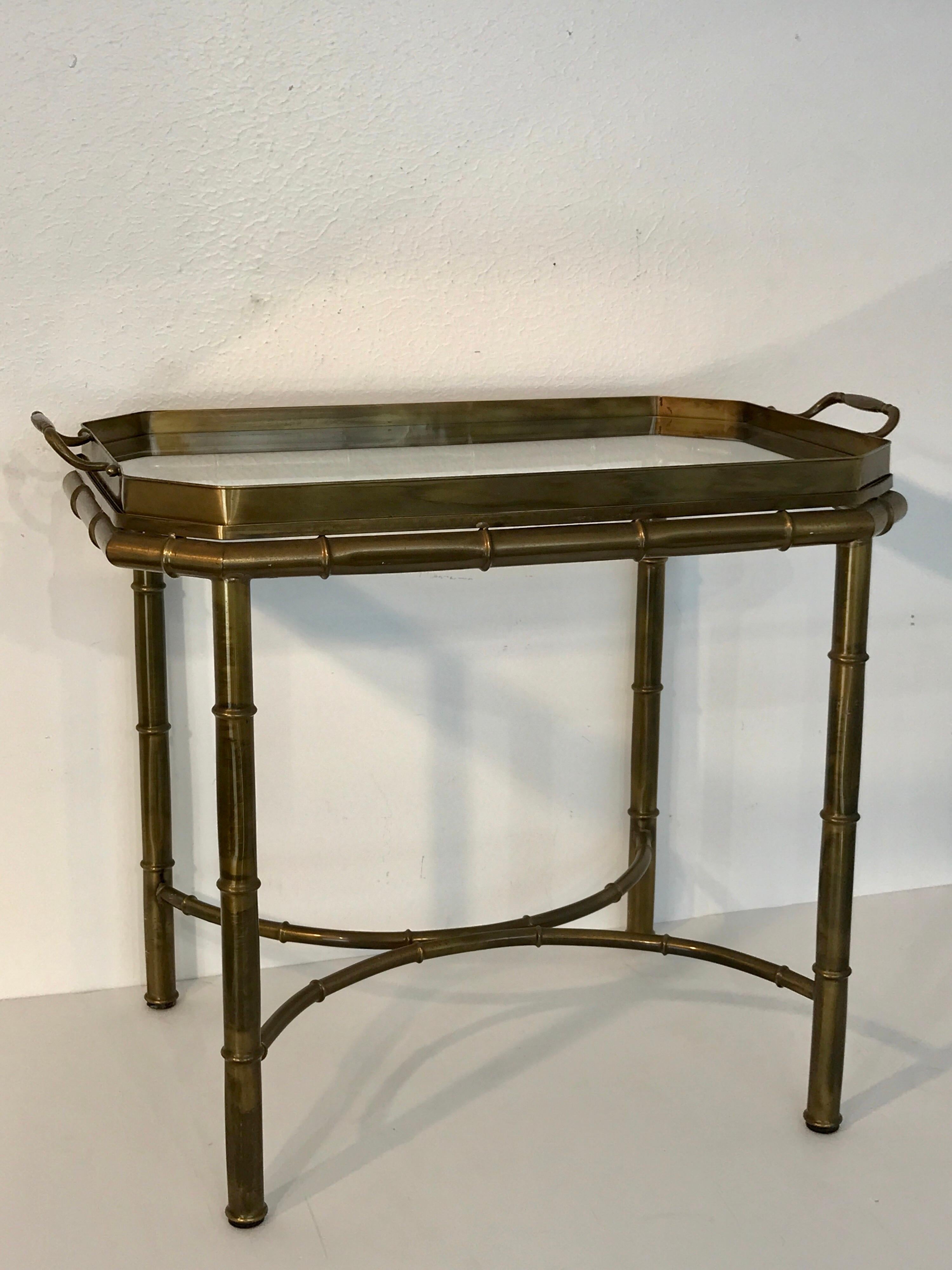 Mid-Century Modern Faux Bois Campaign Style Patinated Brass Tray Table, by Mastercraft For Sale