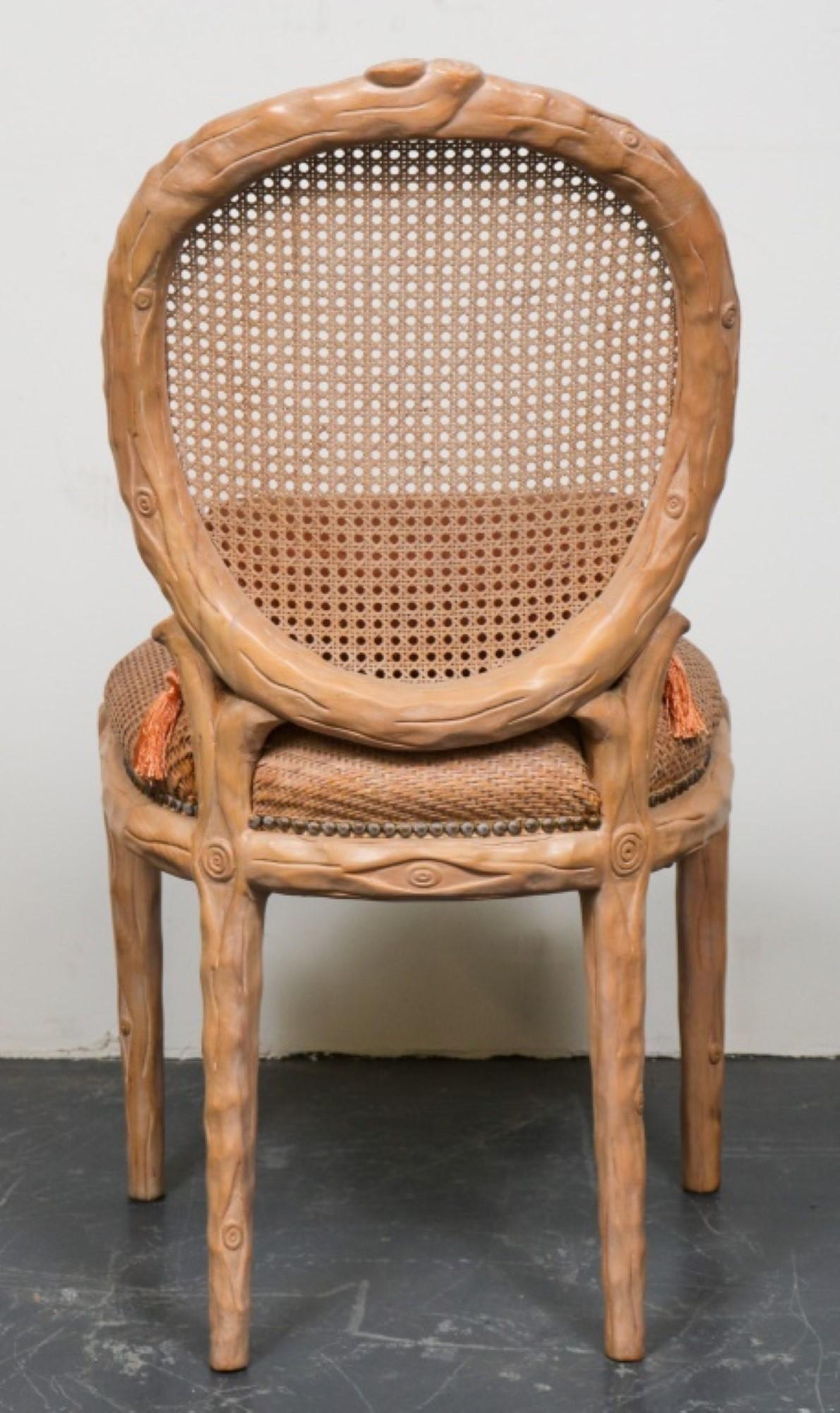 French Faux Bois Caned Back Wicker Seat Side Chairs, Pr For Sale