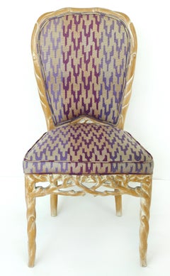 Faux Bois Carved Wood Dining Chairs with White-Washed Finish, Set of 4