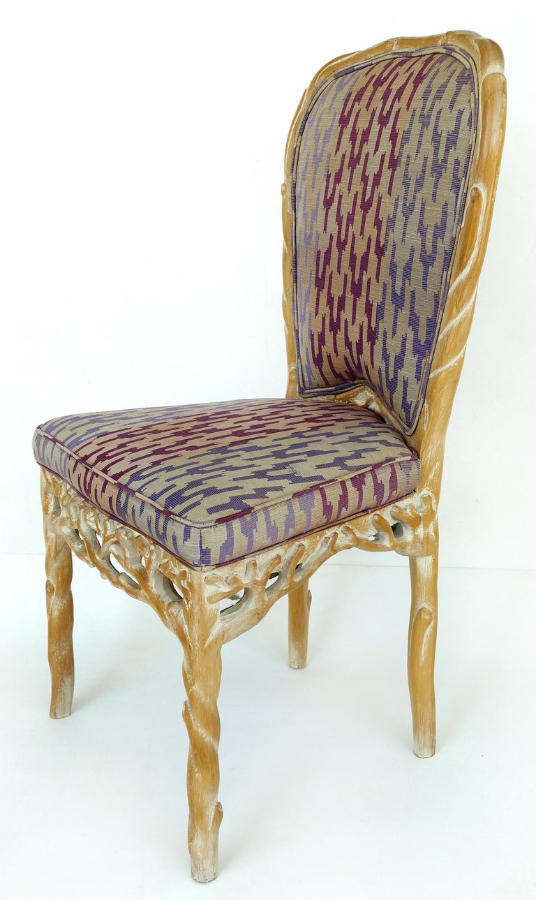 Faux Bois Carved Wood Dining Chairs with WhiteWashed Finish, Set of 4