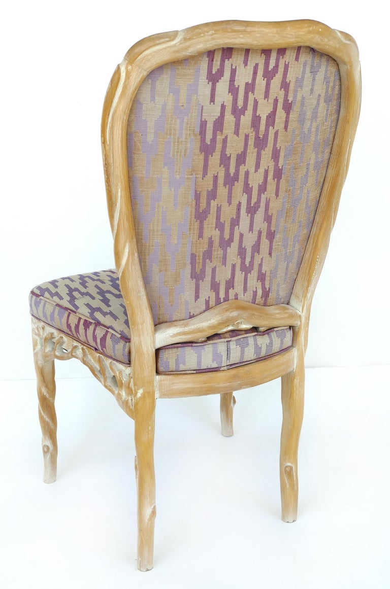 Faux Bois Carved Wood Dining Chairs with WhiteWashed Finish, Set of 4