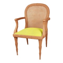 Hollywood Regency Faux Bois Cane Dining Armchair Bright Green Upholstery