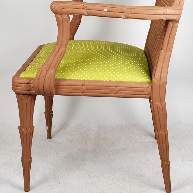 Hollywood Regency Faux Bois Cane Dining Armchair Bright Green Upholstery In Good Condition For Sale In Oklahoma City, OK