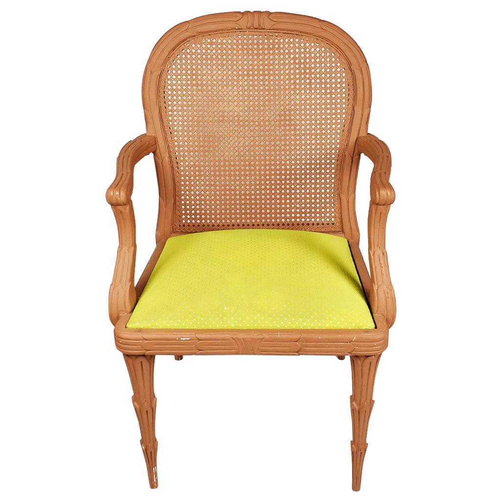 Hollywood Regency Faux Bois Cane Dining Armchair Bright Green Upholstery