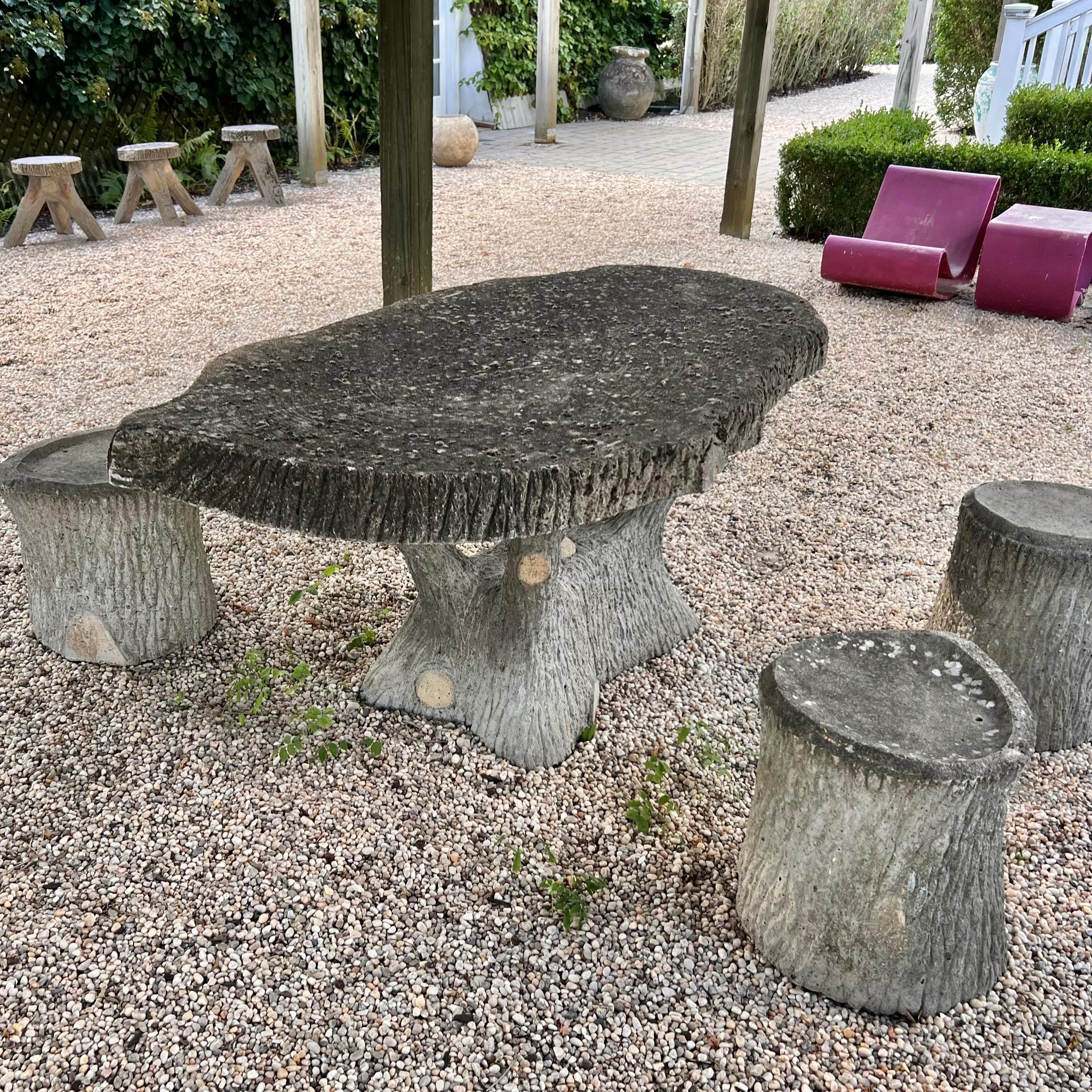 French Faux Bois Concrete Table and 4 Stools, 1960s France