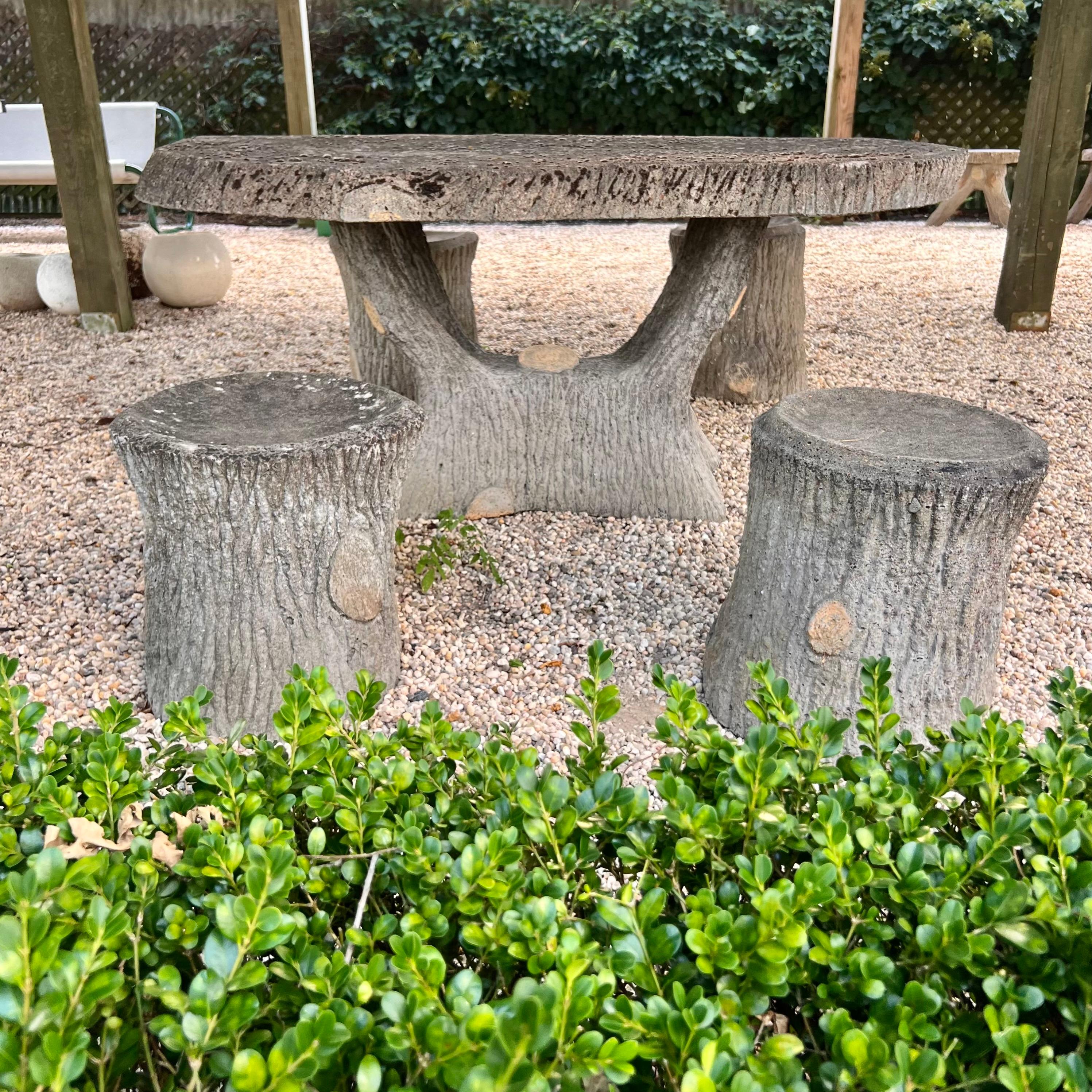 Mid-20th Century Faux Bois Concrete Table and 4 Stools, 1960s France