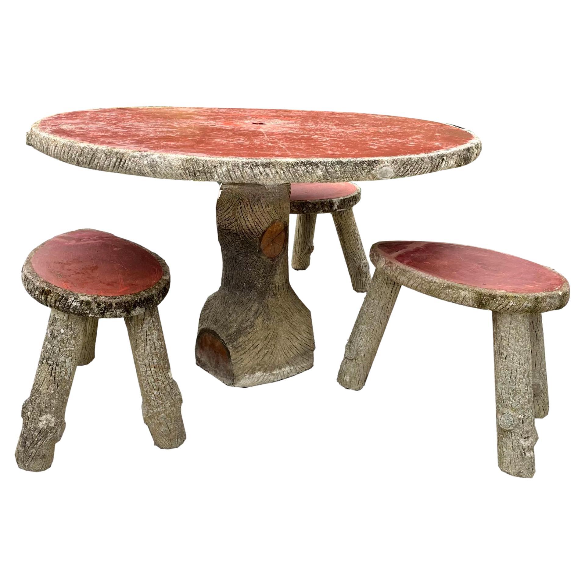 Faux Bois Concrete Table and 5 Stools, 1970s France For Sale