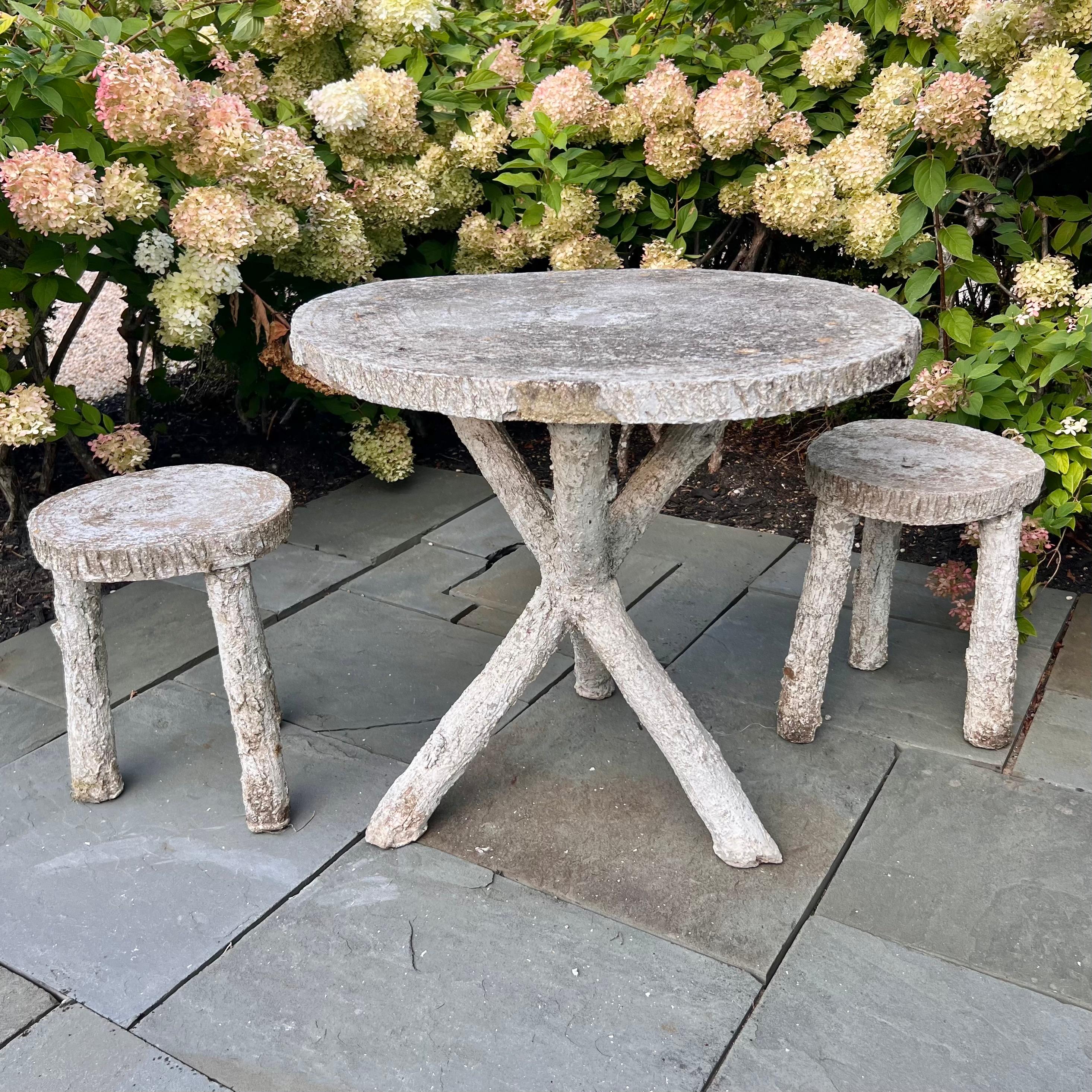 Modern Faux Bois Concrete Table and Two Stools, 1960s France For Sale