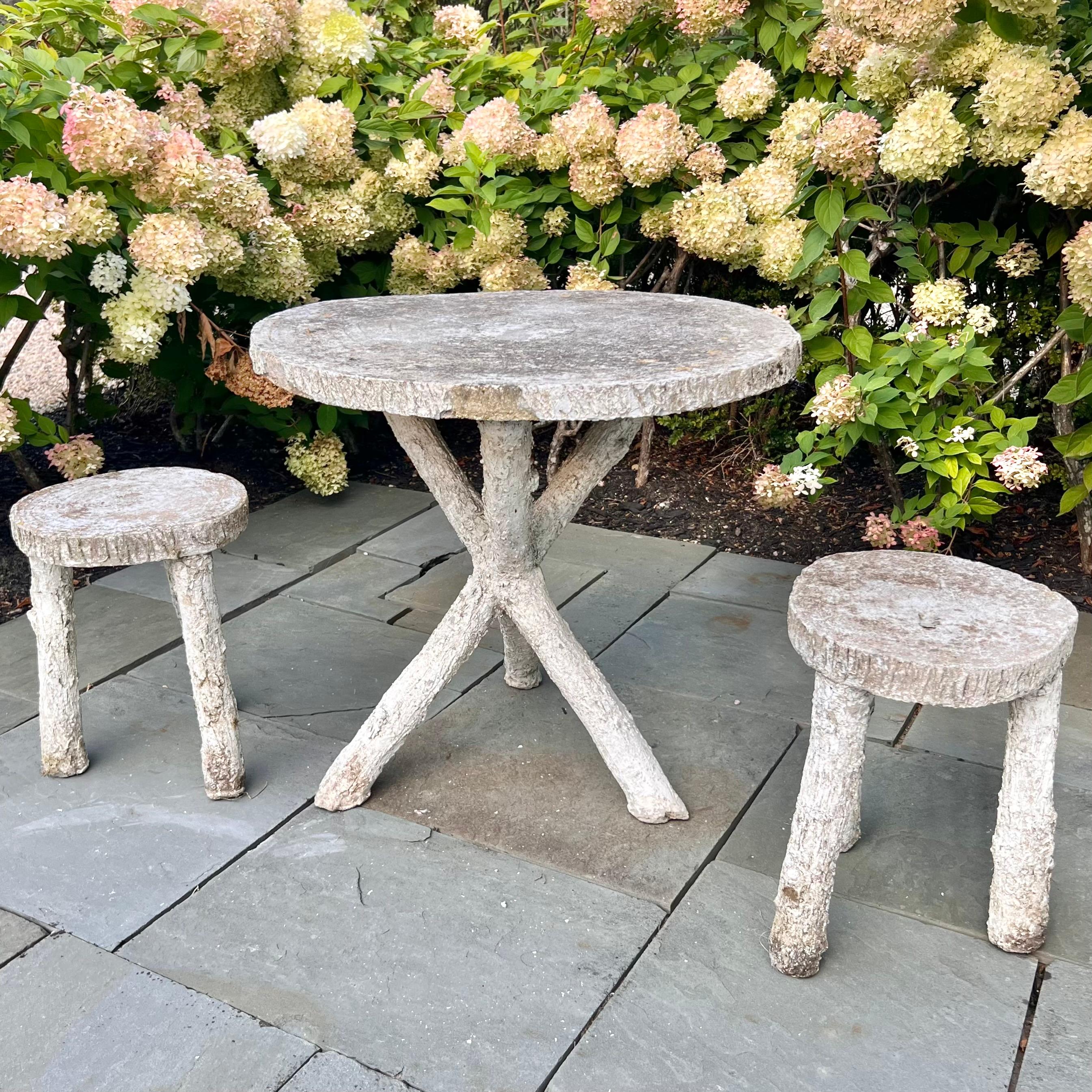 Mid-20th Century Faux Bois Concrete Table and Two Stools, 1960s France For Sale