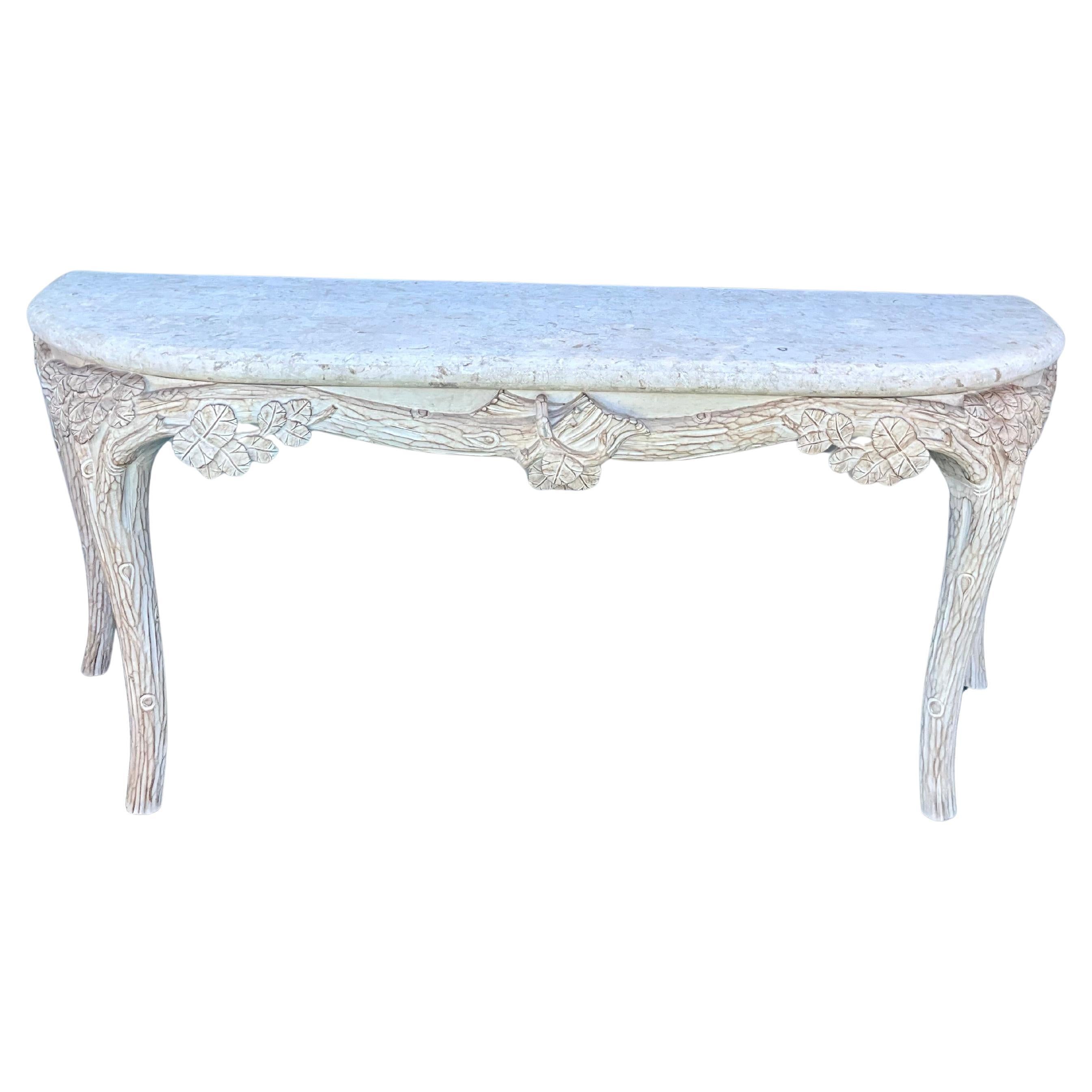 Hollywood Regency Faux Bois Console Table with Shell Stone Top For Sale