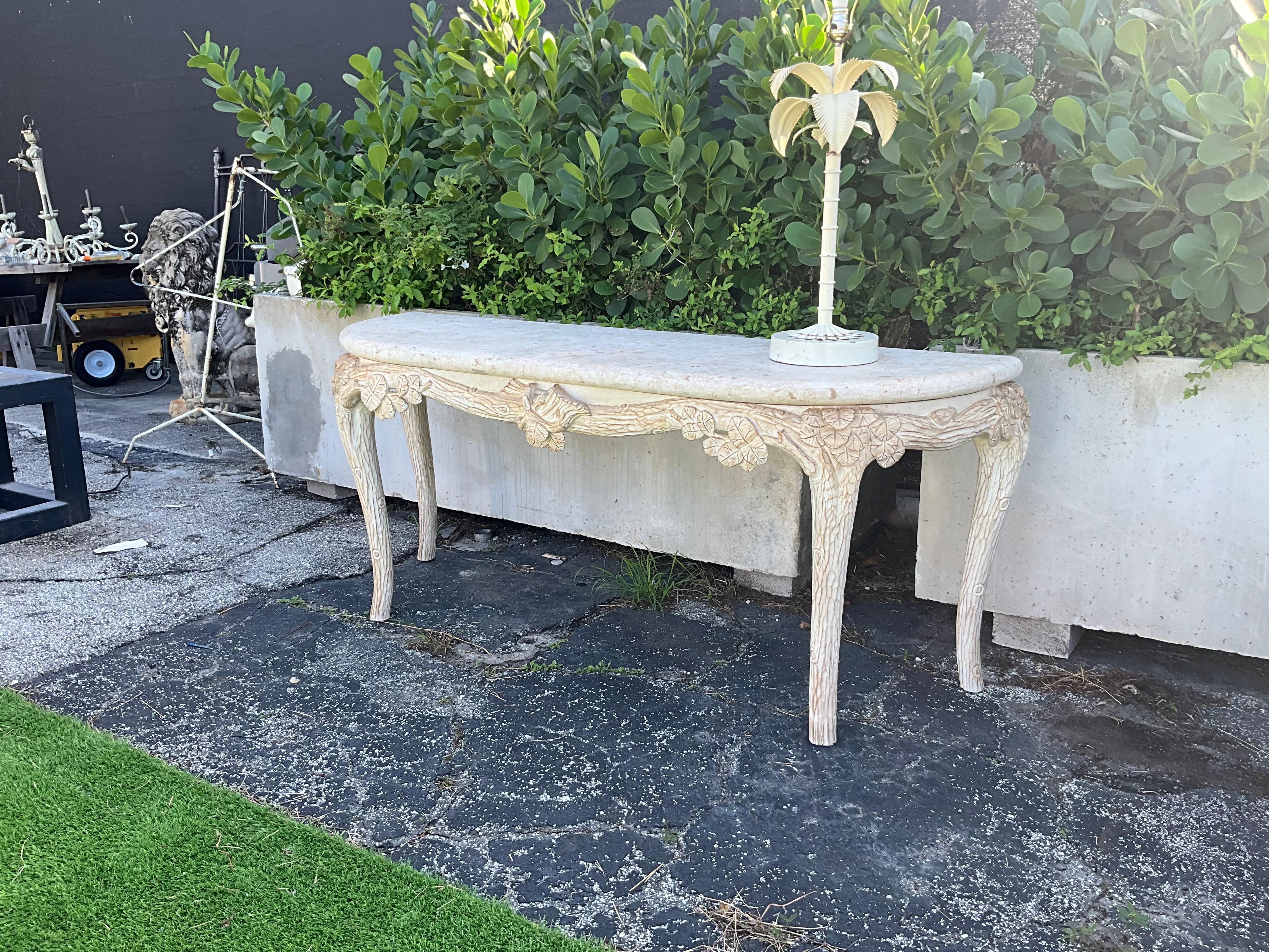 Hand-Crafted Faux Bois Console Table with Shell Stone Top For Sale