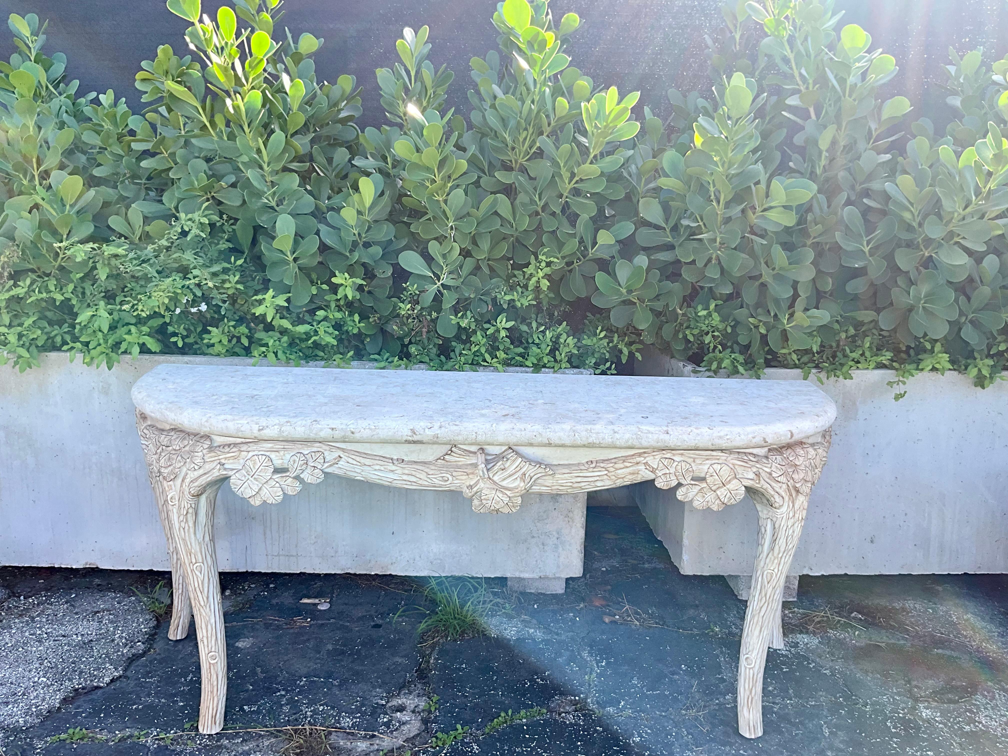 Late 20th Century Faux Bois Console Table with Shell Stone Top For Sale