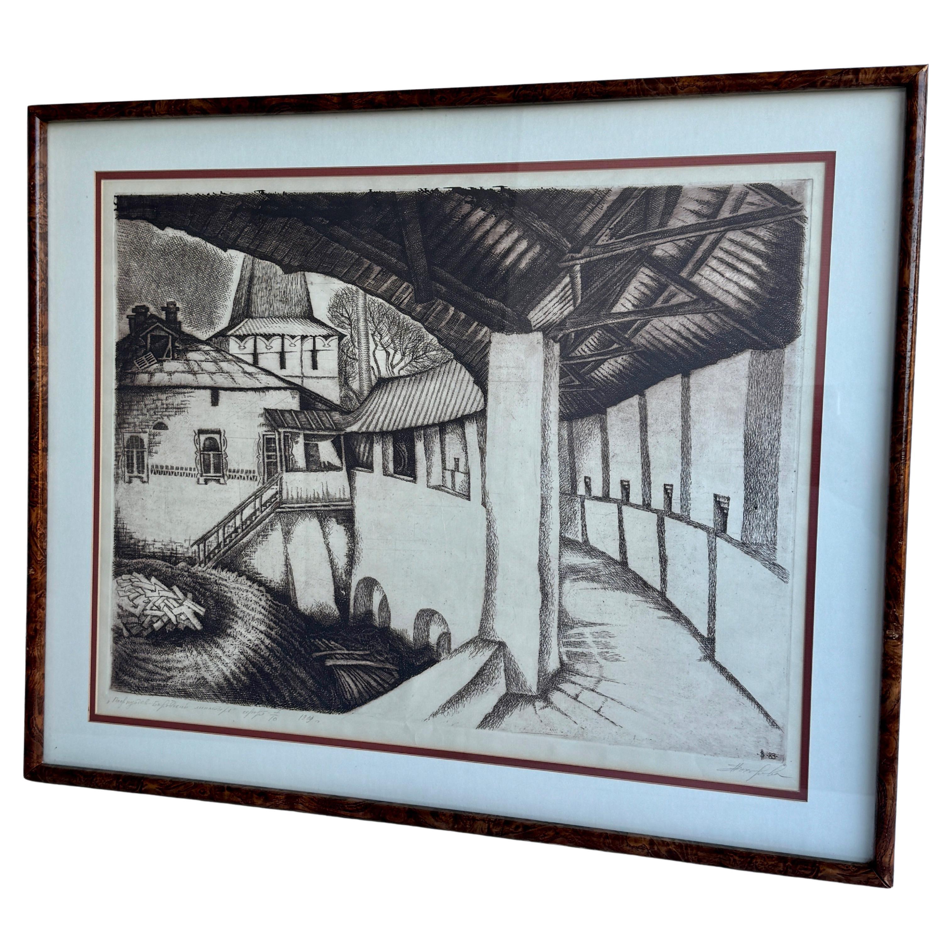 Faux bois frame with a 7/10 copper etched print of a Spanish courtyard.