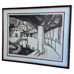 Faux Bois Frame with a Copper Etched Print of a Courtyard