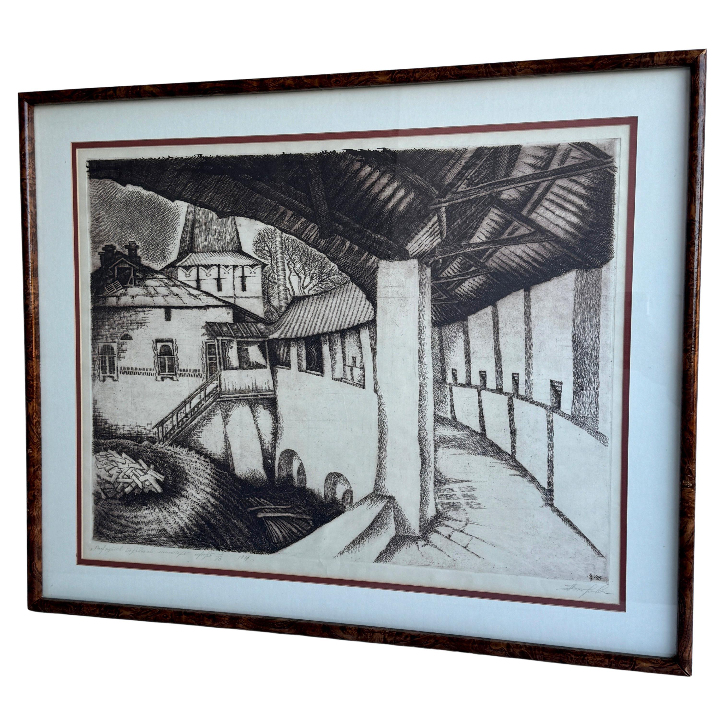Faux Bois Frame with a Copper Etched Print of a Courtyard For Sale