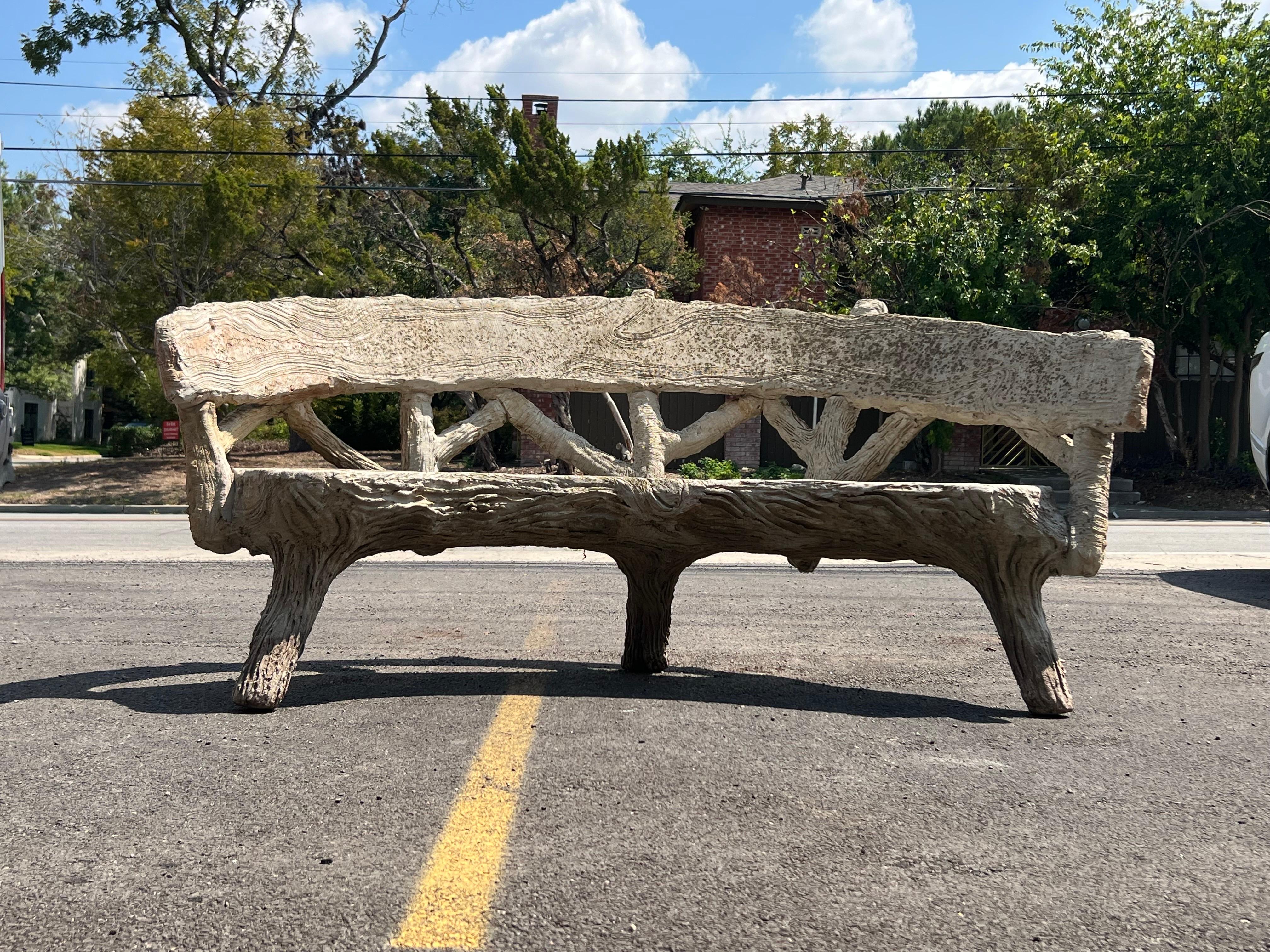 Stunning vintage faux bois (false wood or trabajo rústico rustic) garden bench by San Antonio, Texas artisan, Carlos Cortes. This garden bench is signed and dated, Cortes, ‘99. 

