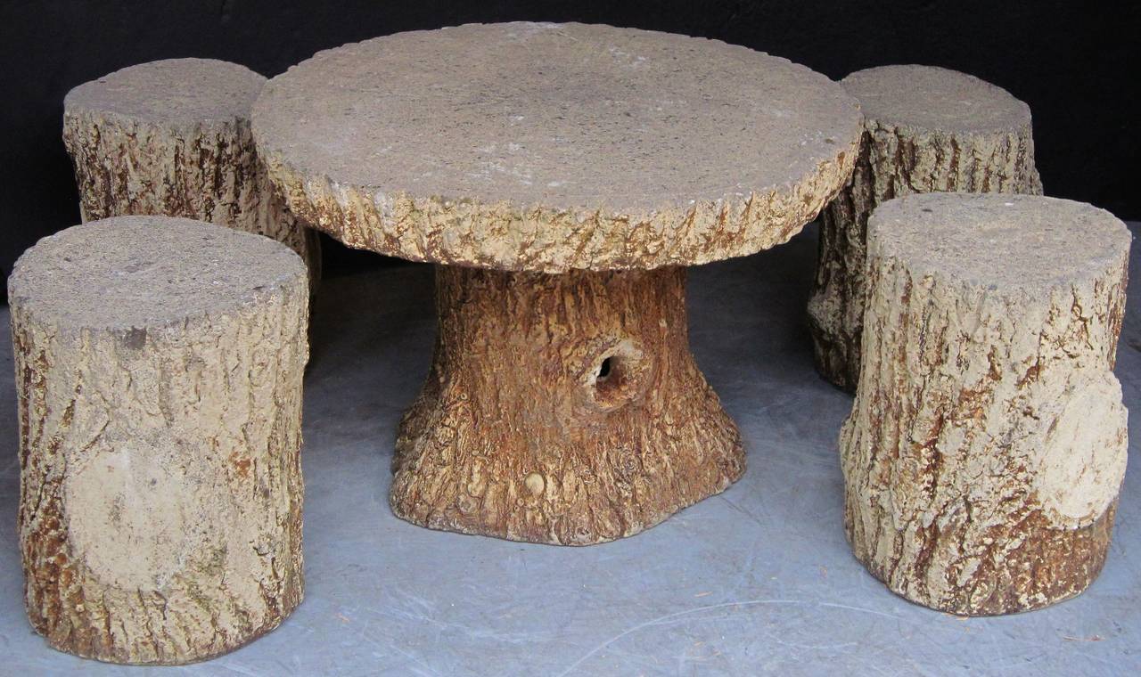 Faux Bois Garden Stone Set, Table and Four Stools 1