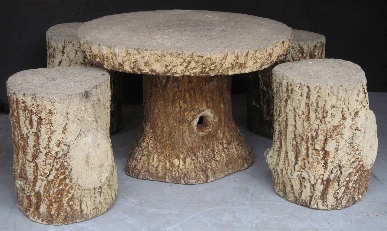 Faux Bois Garden Stone Set, Table and Four Stools at 1stDibs faux