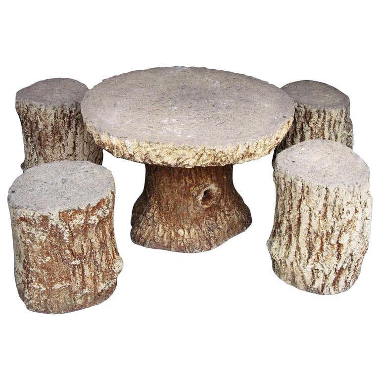 Faux Bois Garden Stone Set Table And Four Stools For At 1stdibs - Stone Garden Stools