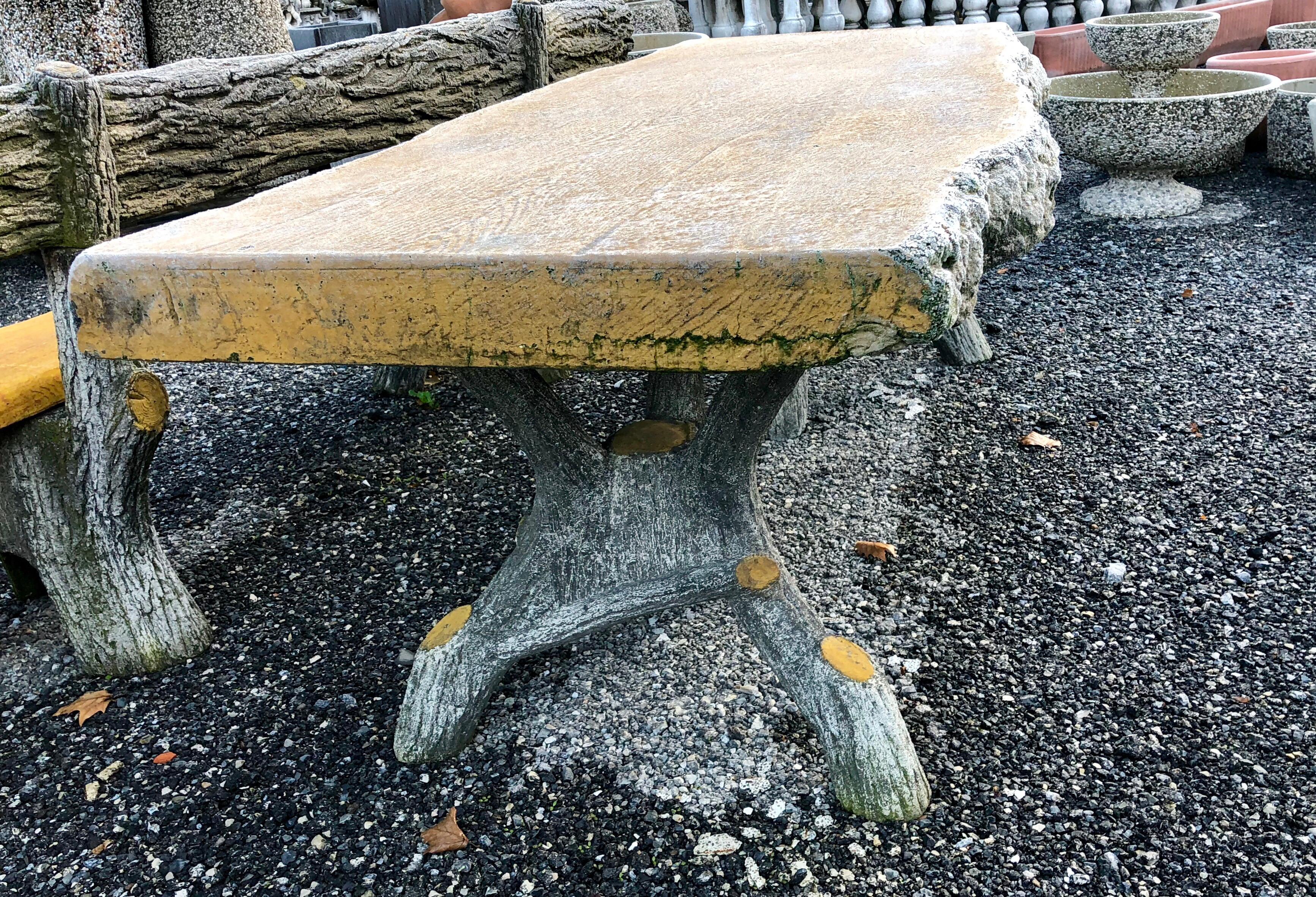 Faux Bois Garden Table Tree Look, Yellow Painted Top 1