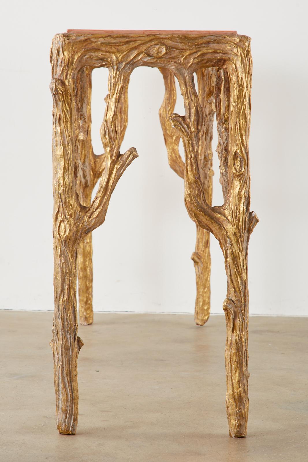 Hollywood Regency Faux Bois Gilt Gesso Console Table with Faux Marble Top