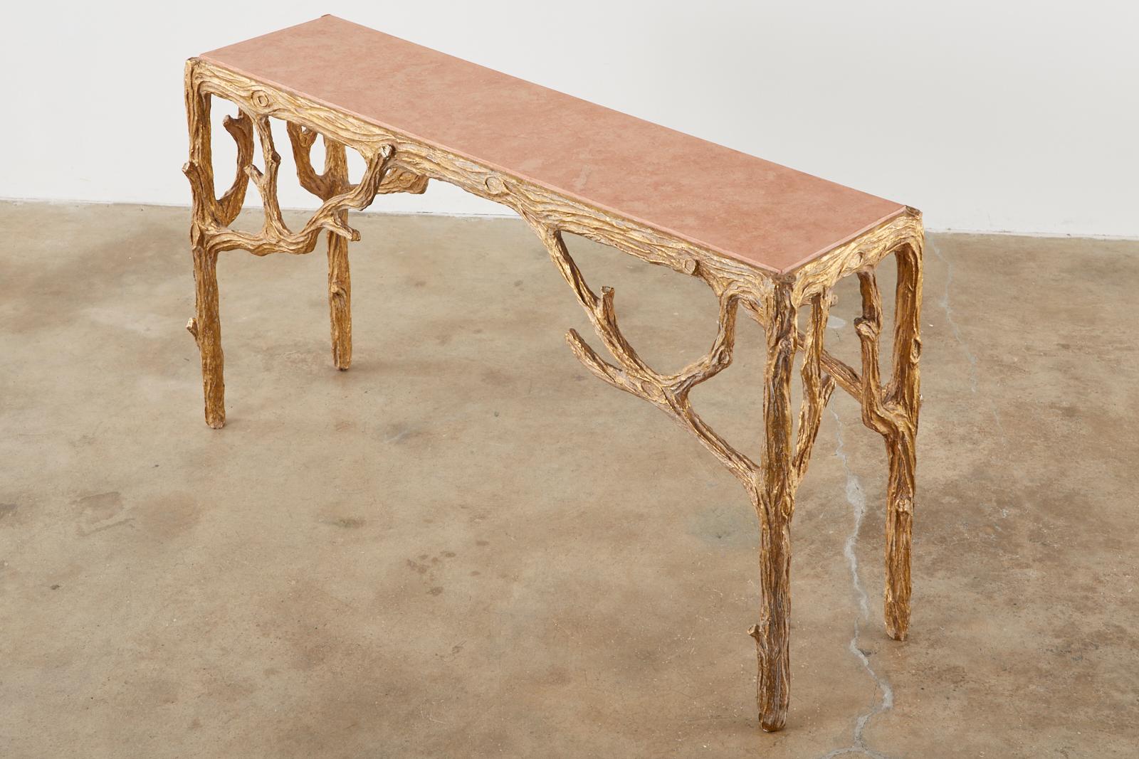 American Faux Bois Gilt Gesso Console Table with Faux Marble Top