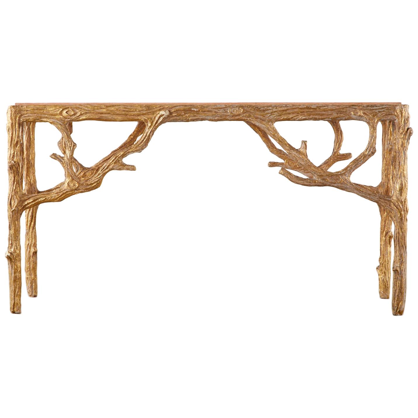 Faux Bois Gilt Gesso Console Table with Faux Marble Top