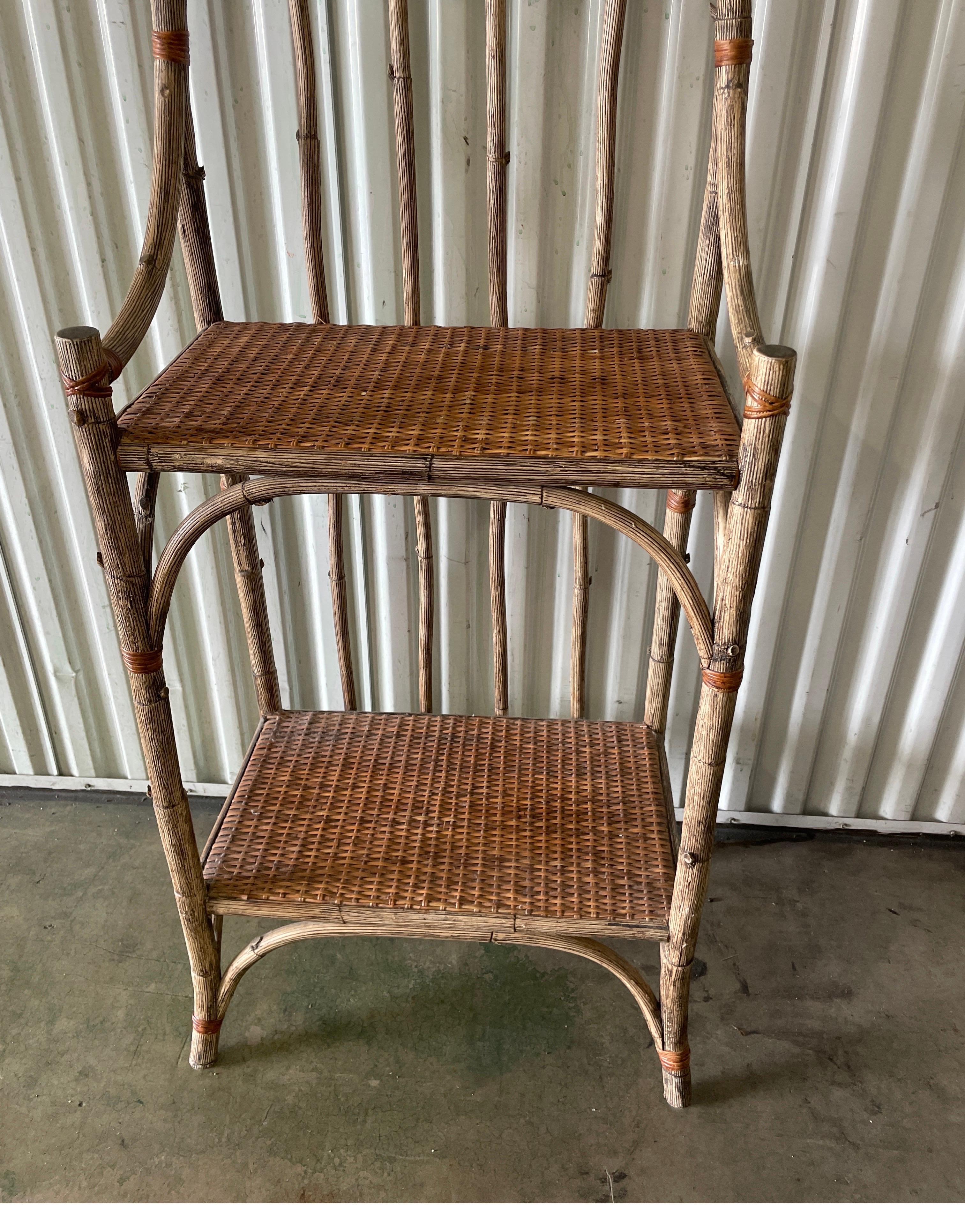 Albero da ingresso in faux bois vintage. A forma di rami d'albero con due ripiani ricoperti di rafia. C'è un piccolo specchio e quattro ganci in alto. Un pezzo di grande charme per l'ingresso o la stanza del fango.