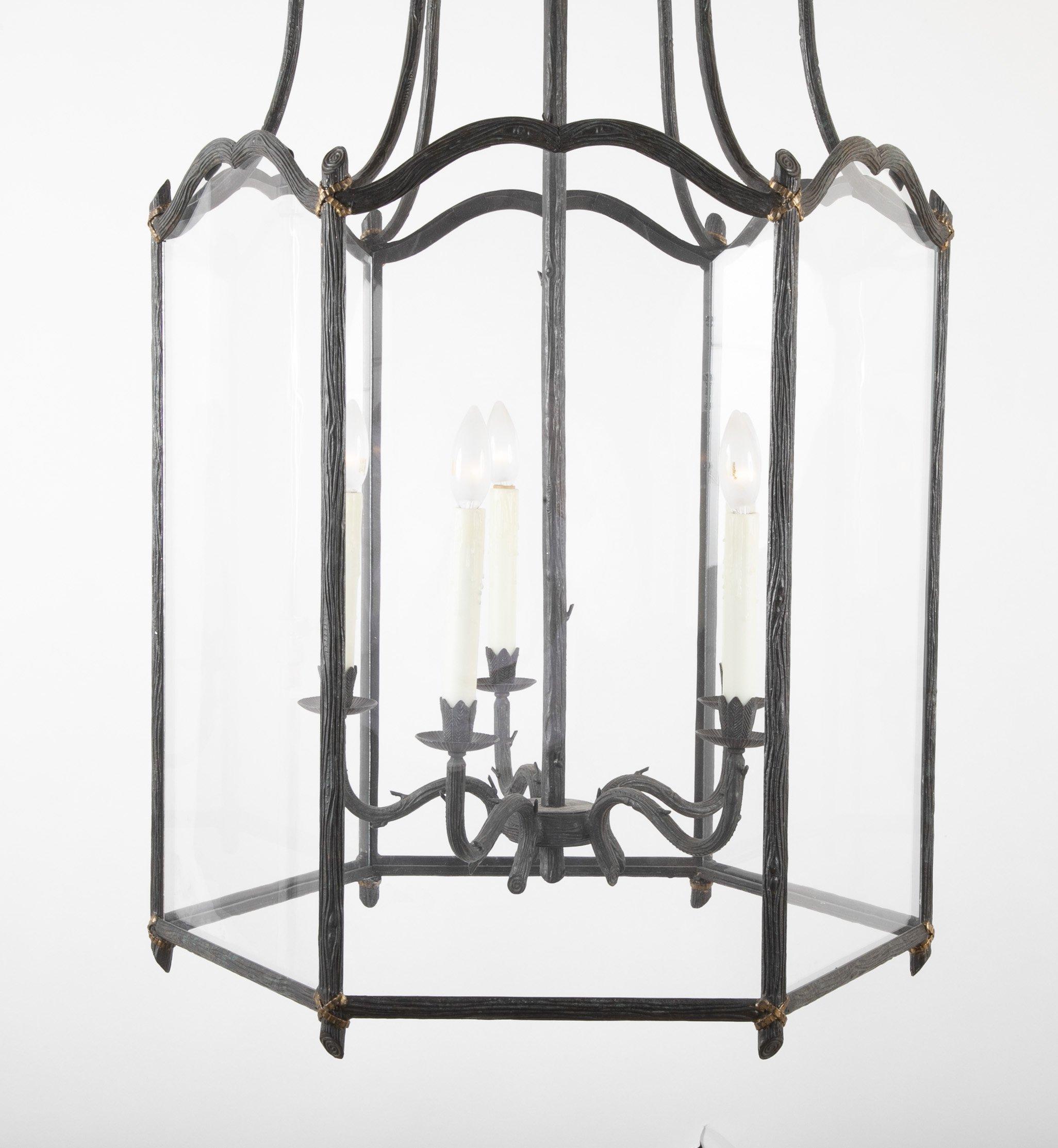 Naturalistic faux bois Grotto form hexagonal five-light hall lantern with gilded bow knots, mid-20th century.