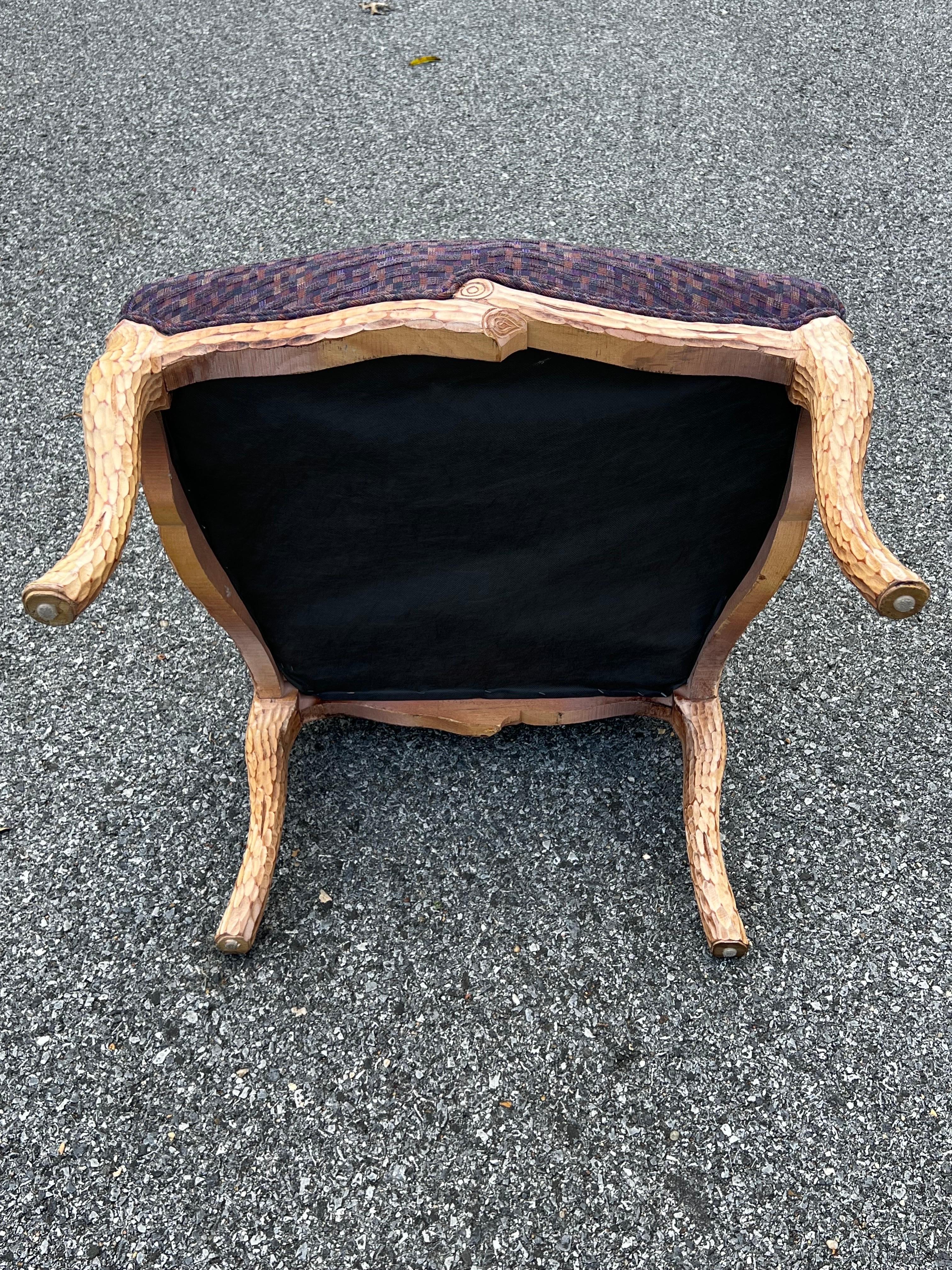 Stunning Pair of Louis XV inspired faux bois armchairs upholstered in deep purple chenille like fabric. . Hand-carved wood frames are finished in an ivory glaze. Cabriole front and back legs. Chairs have no labels, we can’t determine exact age, we