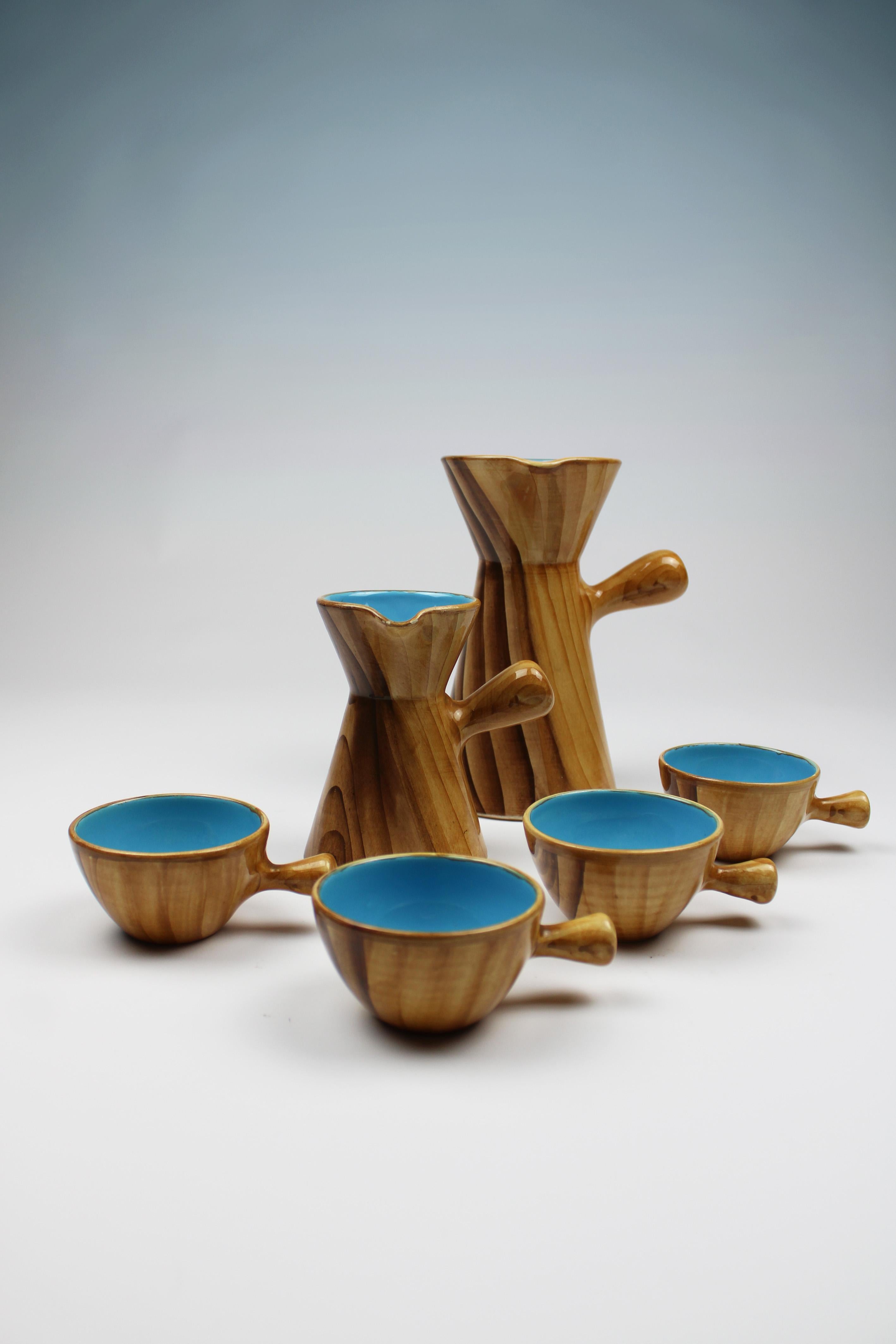 French Provincial Faux Bois Mug & Cups by Grandjean Jourdan Vallauris Ceramics France 1960's For Sale