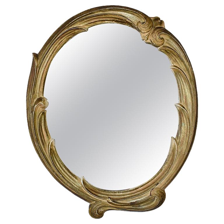 Faux Bois Oval Wall Tray or Table Mirror in Brown and Gold, circa 1940s For Sale