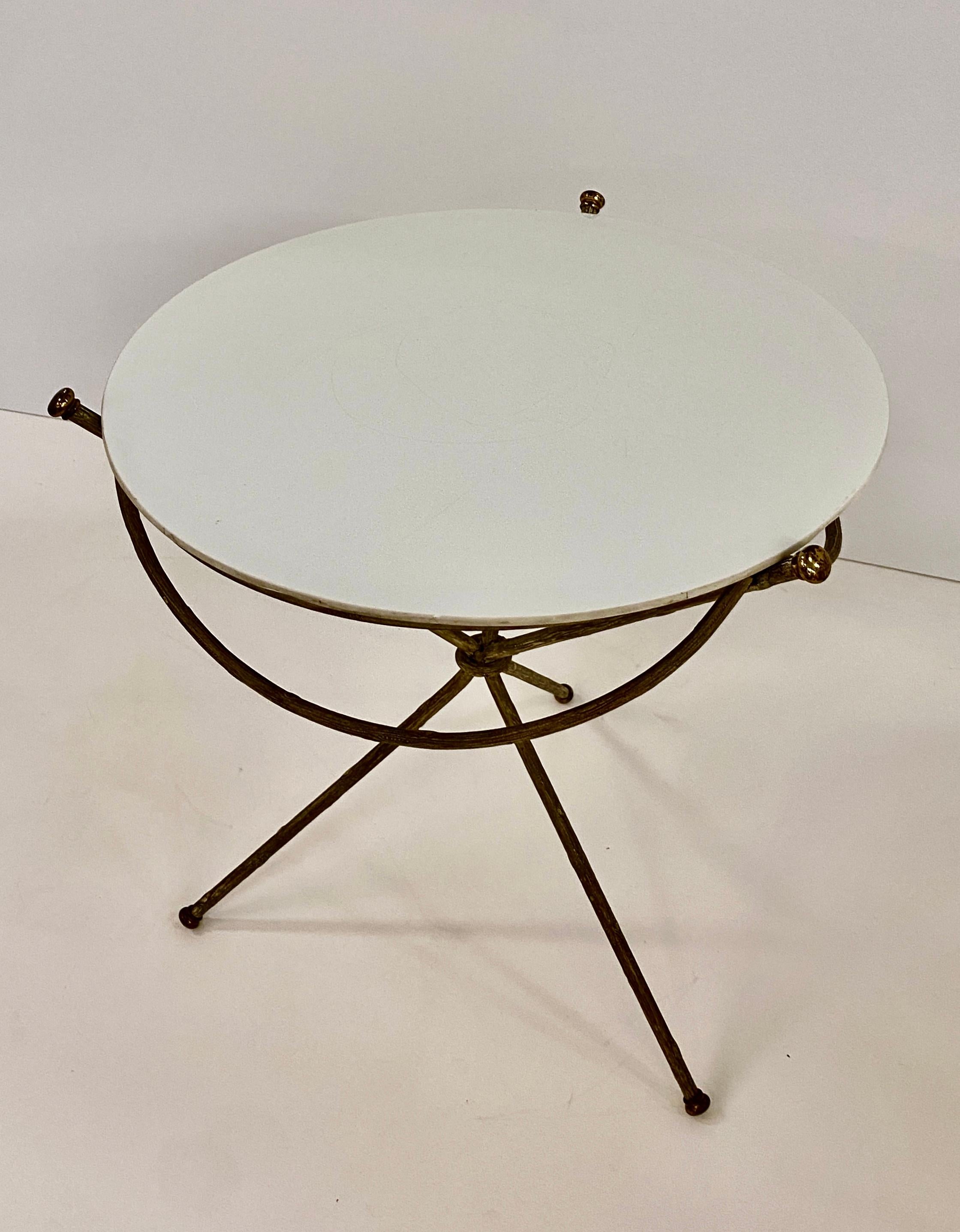 Faux Bois Patterned Metal Table with French Milk Glass Top In Good Condition In Norwalk, CT