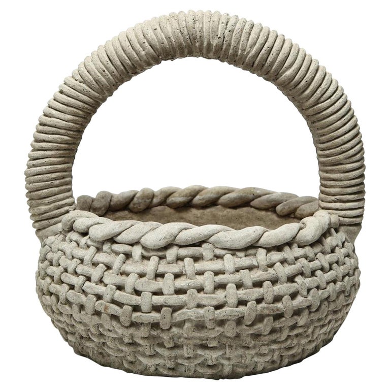 Cast Stone Organic Modern Twist Handle Garden Sculpture Planter Basket