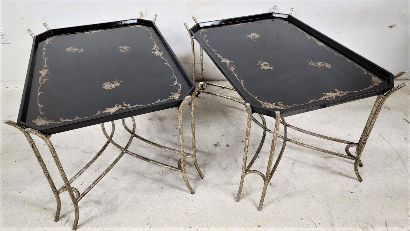 Offering one of our recent palm beach estate fine furniture acquisitions of a 
Set of 2 Faux Bois side coffee tray tables by Dennis & Leen
Featuring silver-leafed faux bois cast iron frames and lacquered black top trays.
Can be used as side or