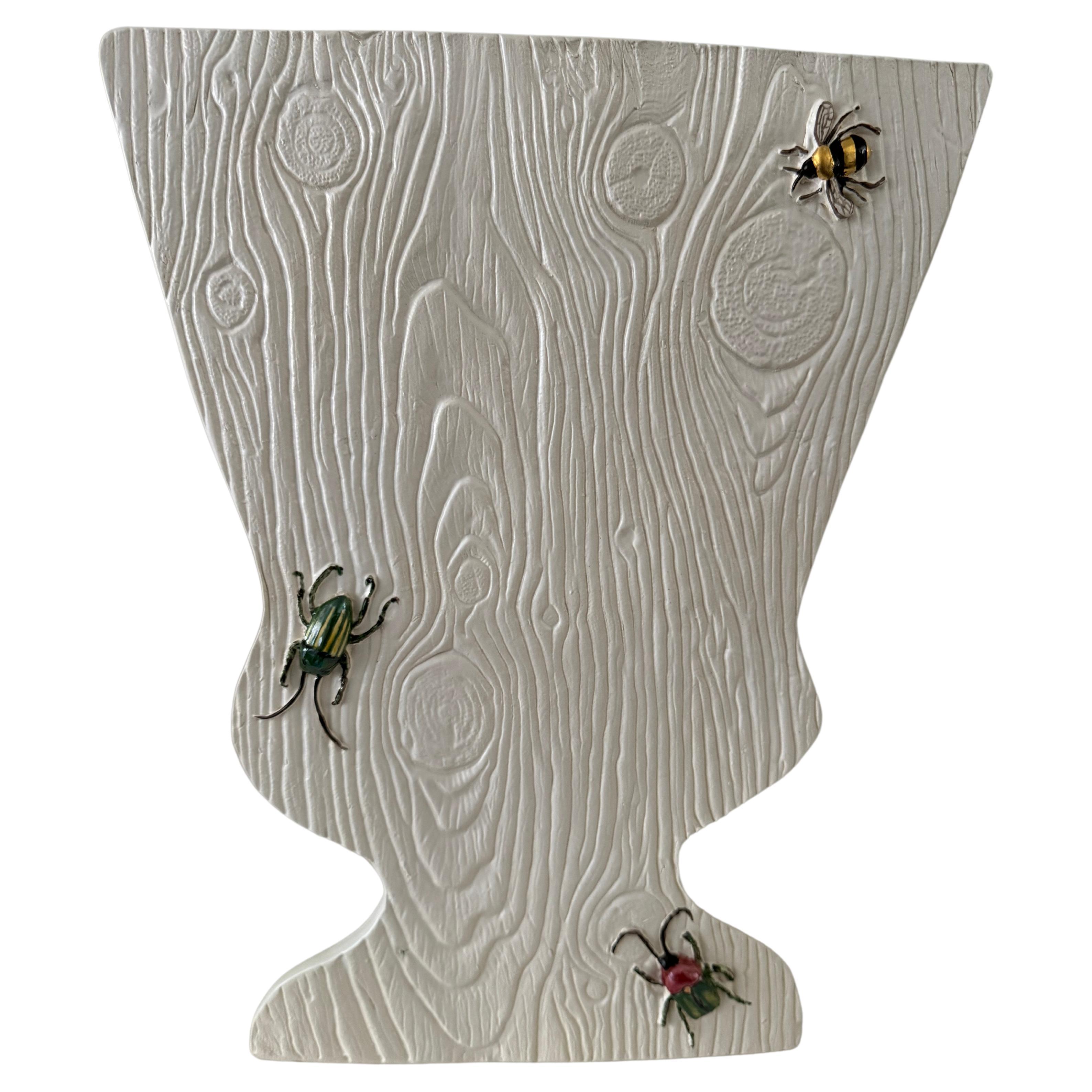 Faux bois silhouette vase with sculpted hand painted bugs For Sale