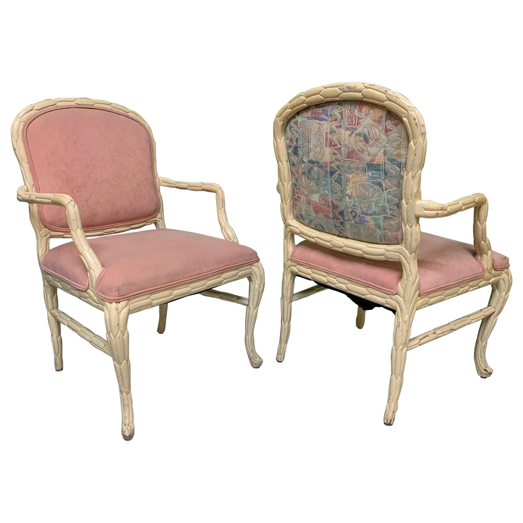 Faux Bois Style Carved Wood Armchairs, a Pair For Sale