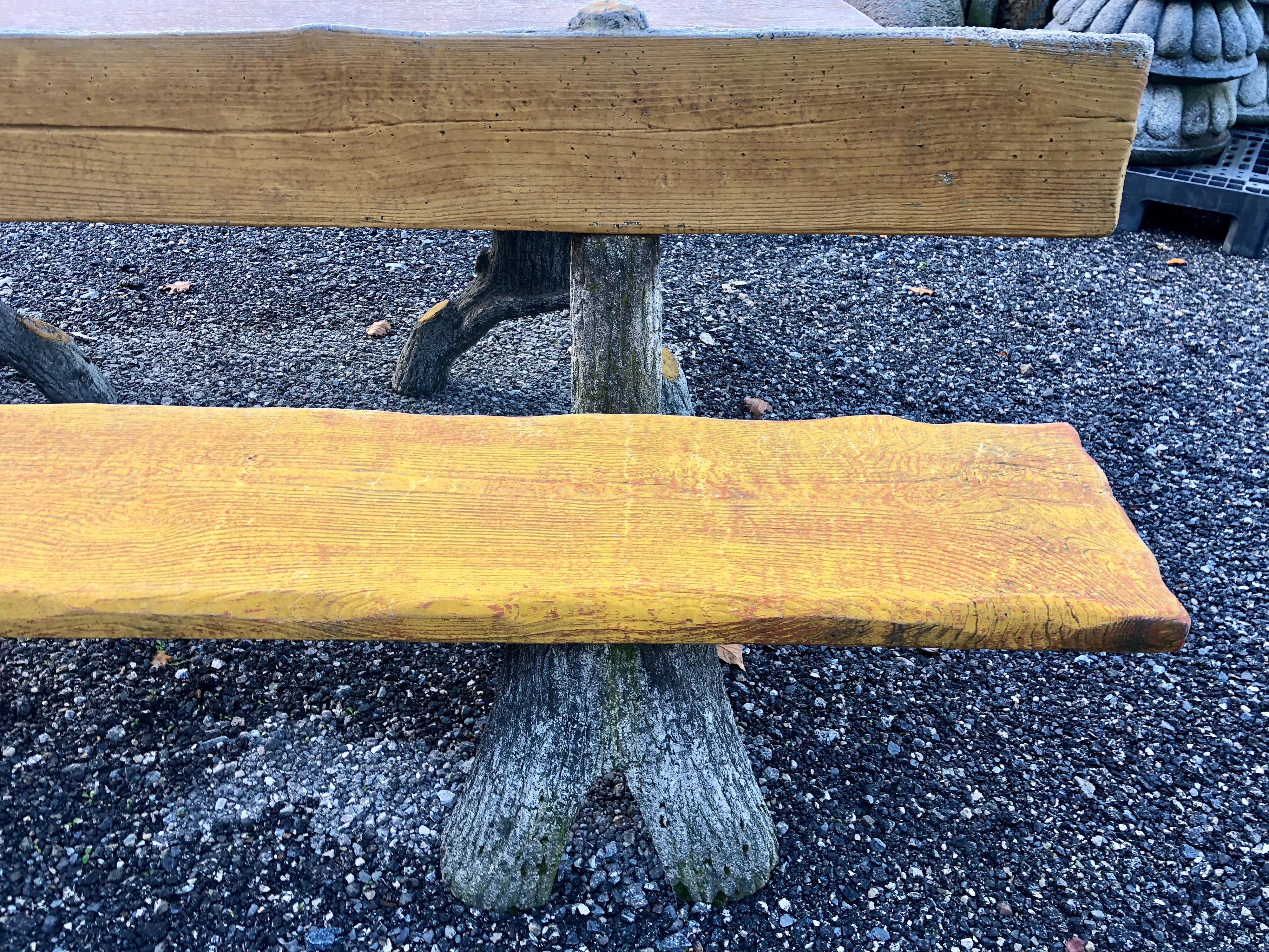 Rustic Faux Bois Tree Look Garden Bench Yellow Painted Seat