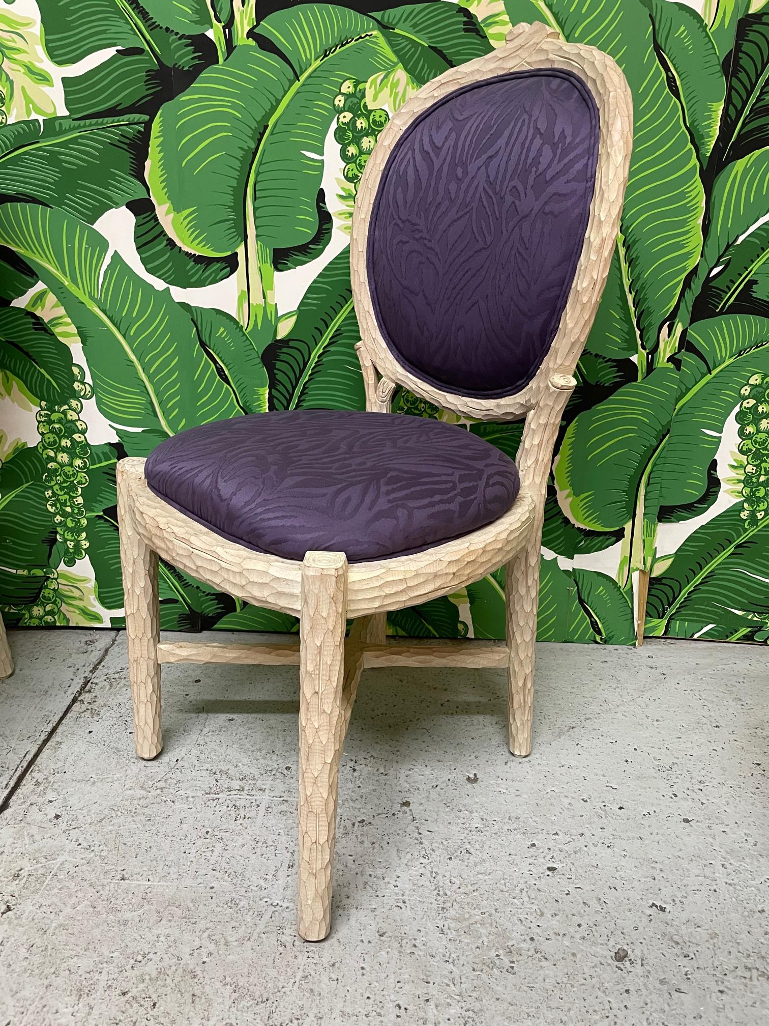 Set of six faux bois trompe-l'oeil dining chairs feature carved twig style frames and purple upholstery. Near excellent condition overall, see photos for details.

 