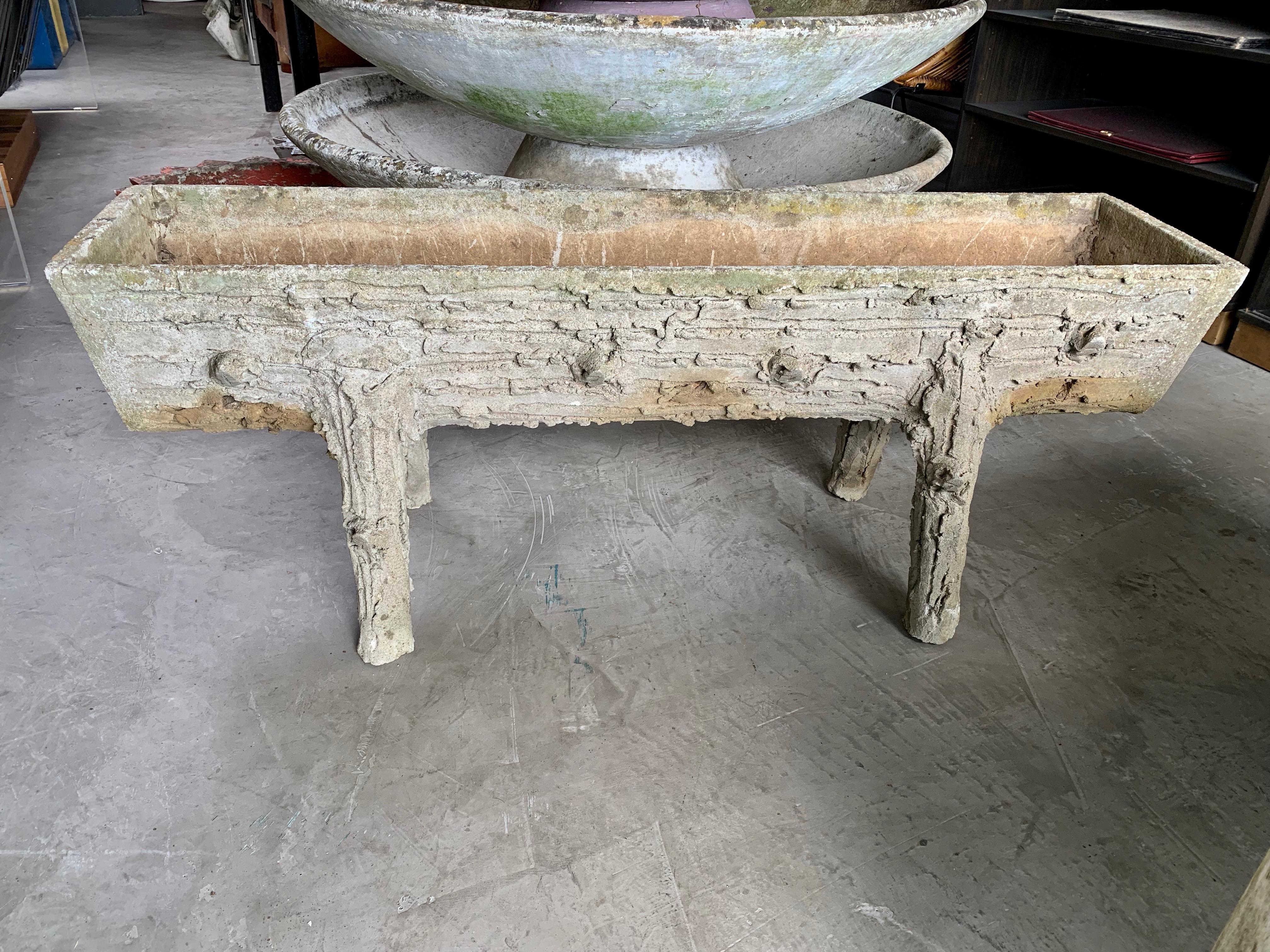 Stunning cement faux bois planter from France, circa 1950s. Great scale. Long rectangular planter in the shape of a trough. Good vintage condition. 4 feet long. Great sculptural piece for indoors or outside.