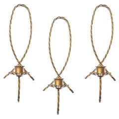 Vintage Faux Braided Gilt Gold Sconce Tole Wall Candle Holders - Set of 3