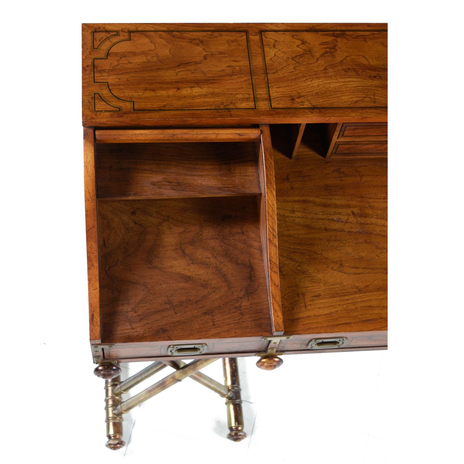 American Oxford Square by Drexel Faux Brass Base Campaign Style Tambour Roll Top Desk