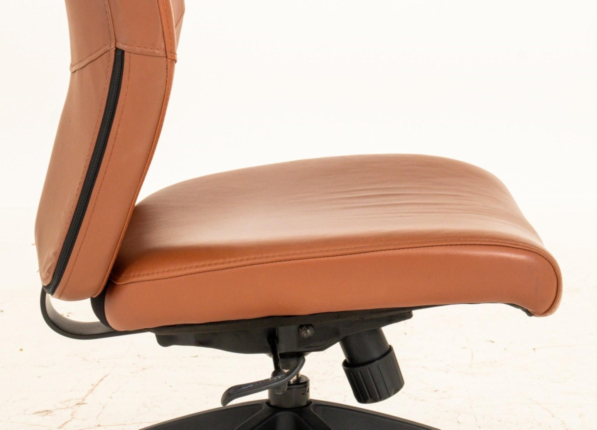 Faux brown leather swivel desk chair on wheels, with adjustable height, unmarked.

38 inches in height, 21 inches in width, and 20 inches in depth; seat height is 16 inches.