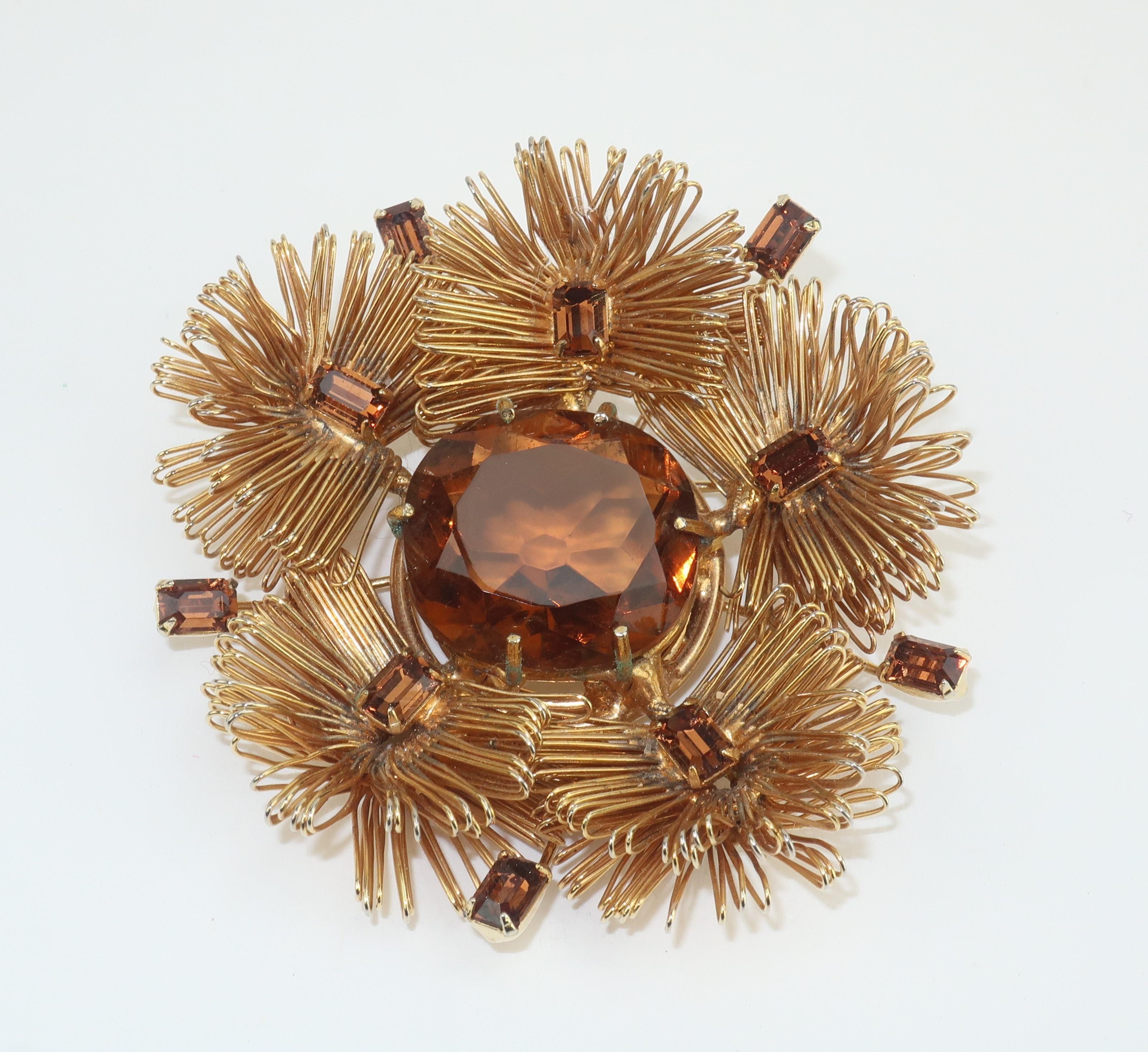 Faux Brown Topaz Pinecone Brooch, 1950's 1