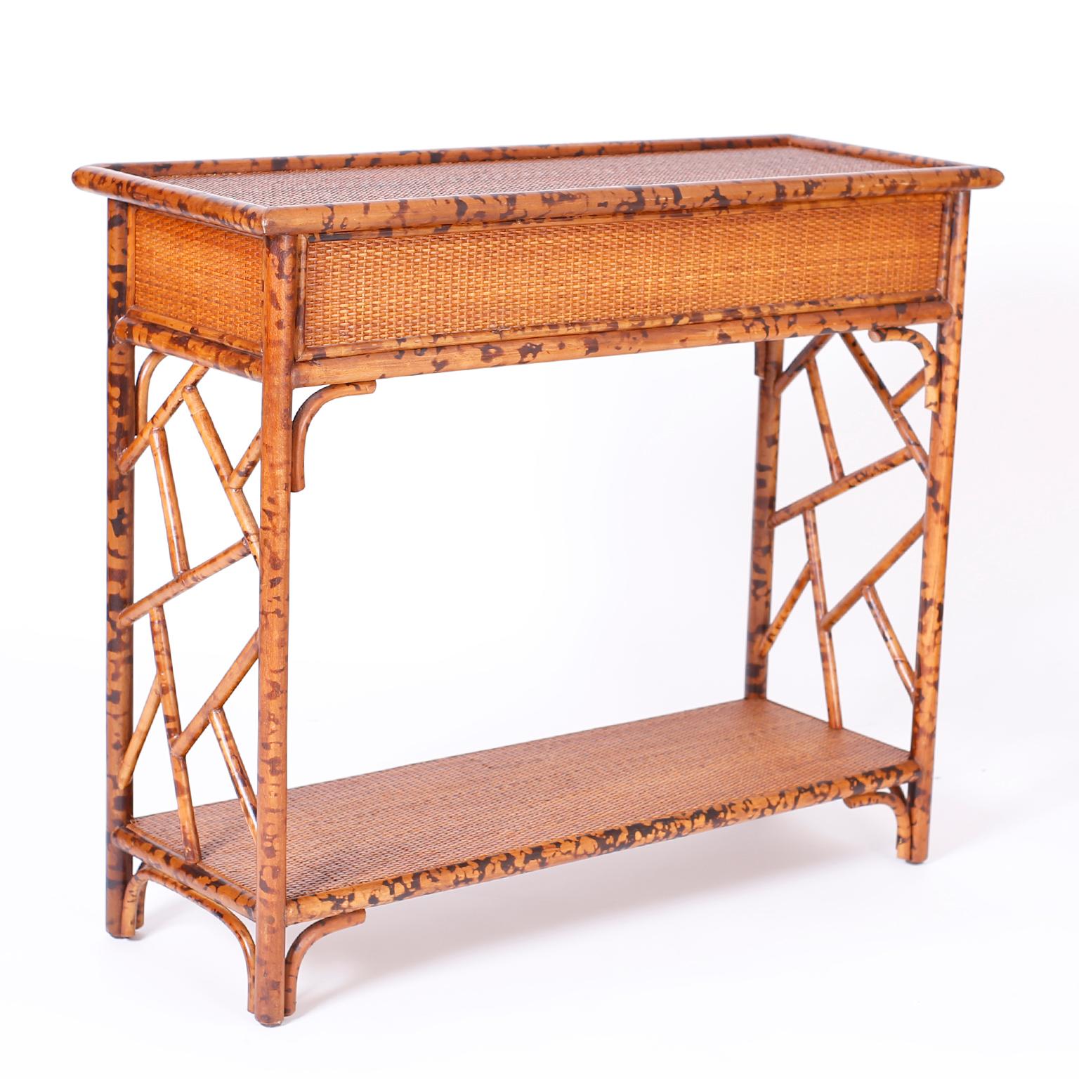 20th Century Faux Burnt Bamboo and Grasscloth Console Table