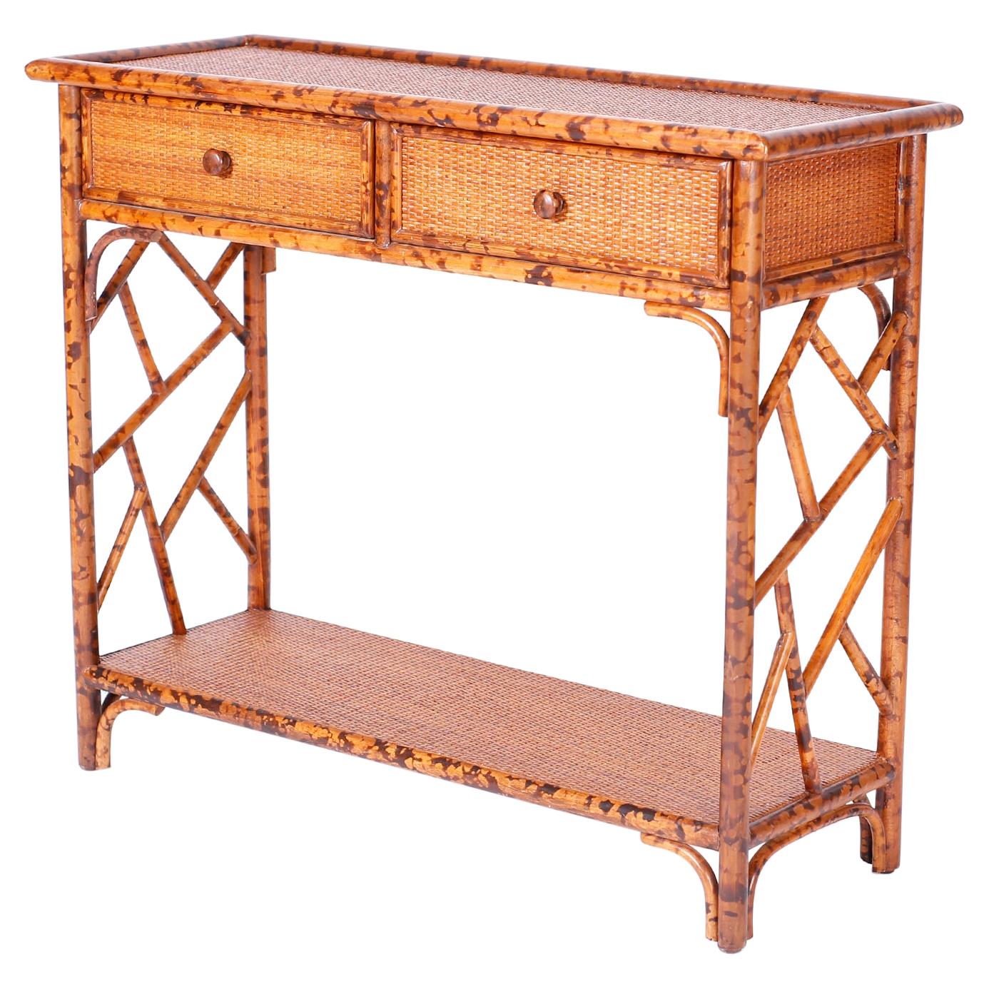 Faux Burnt Bamboo and Grasscloth Console Table