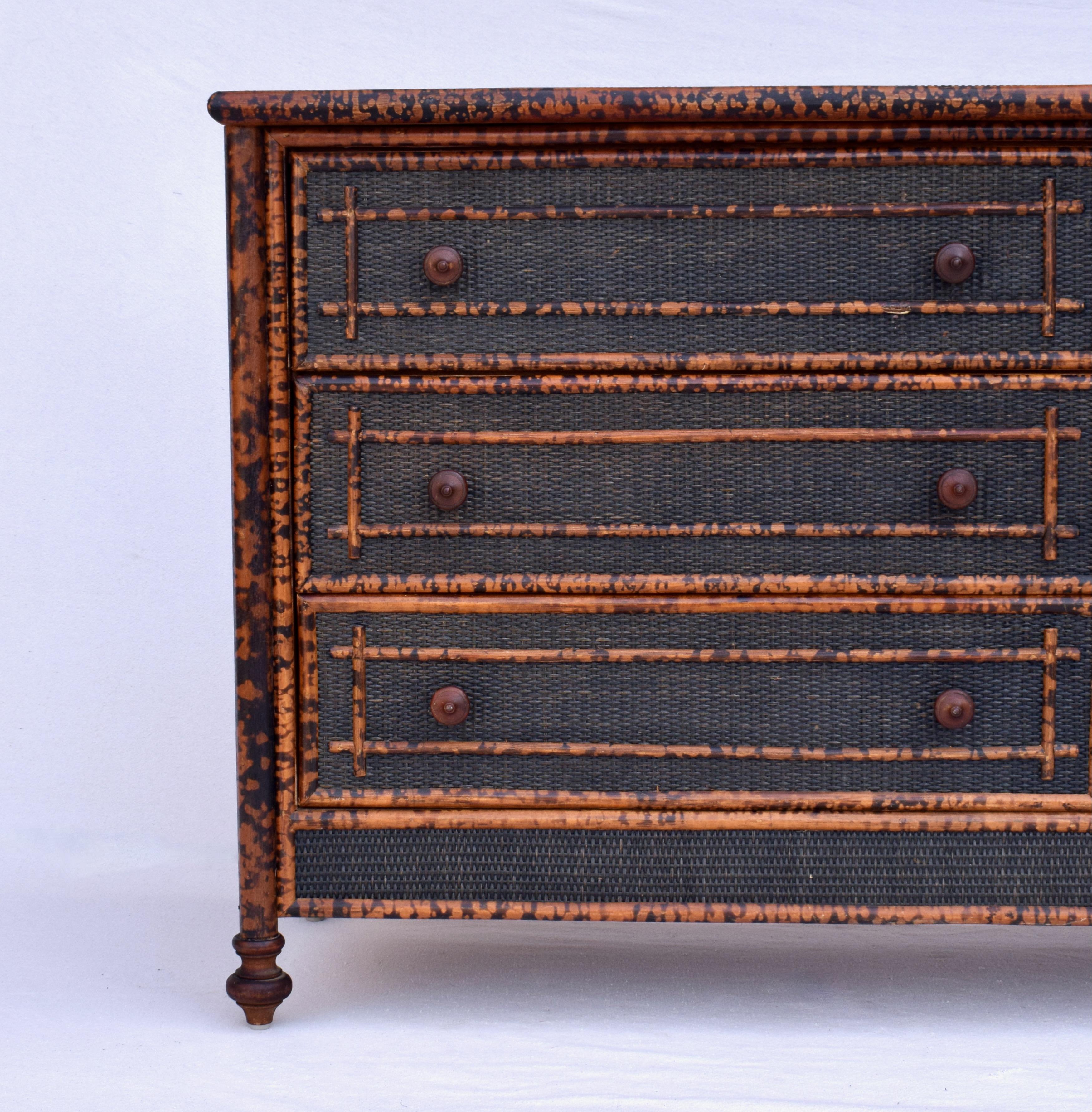 British Colonial Faux Burnt Bamboo Chest of Drawers