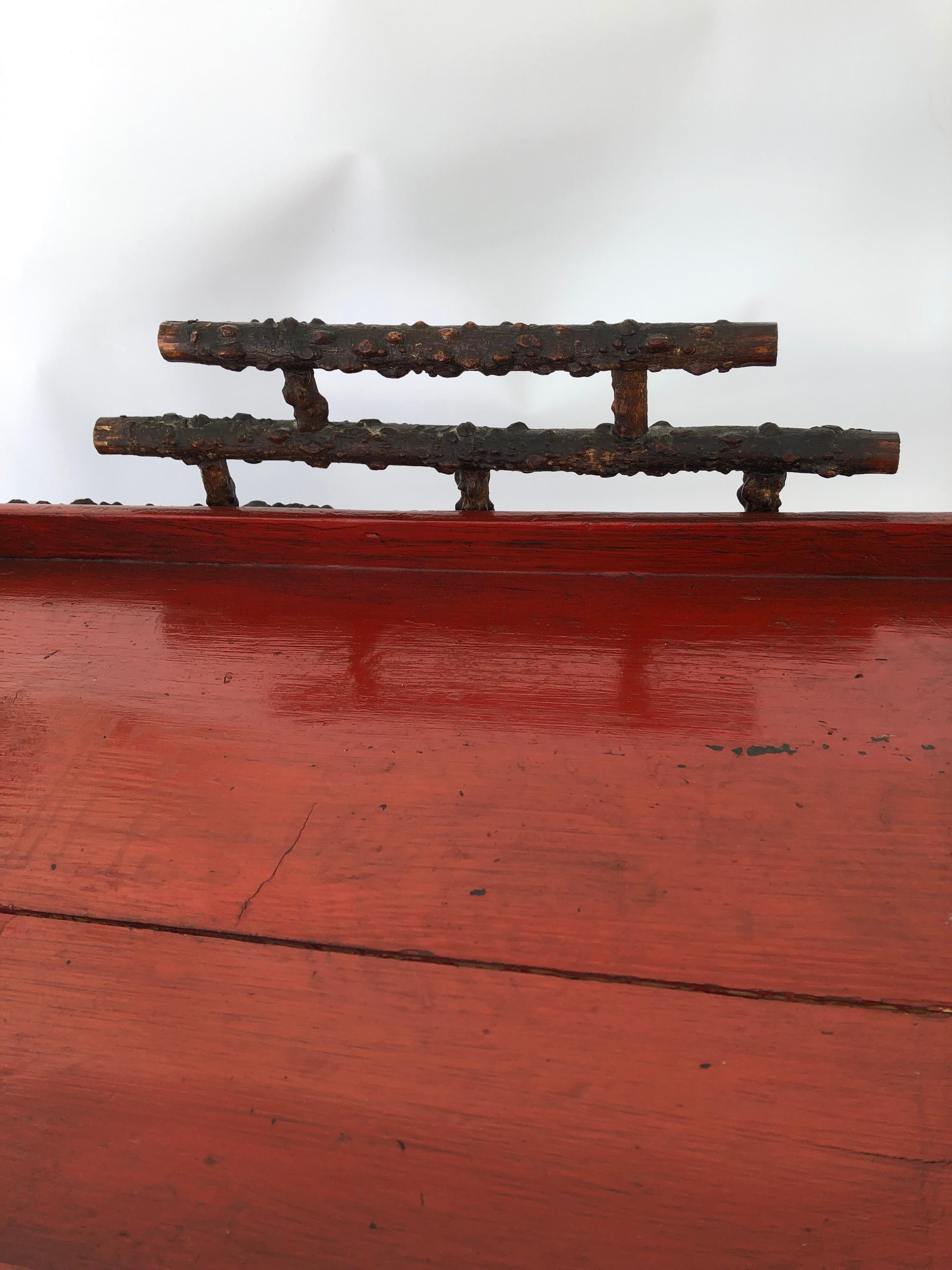 Japanese Faux Burr Root Wood Stand with Red Lacquer Trays For Sale