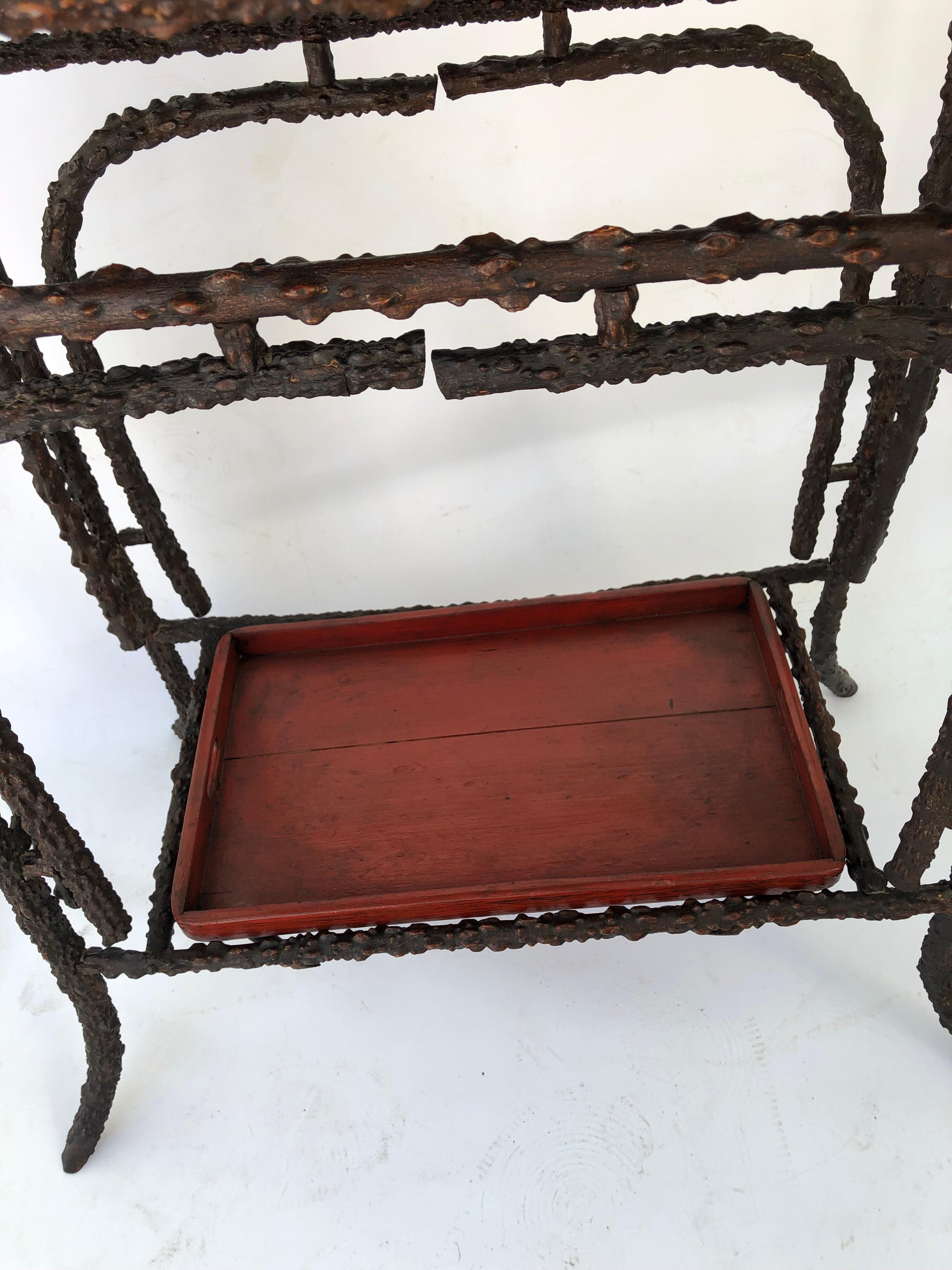 Painted Faux Burr Root Wood Stand with Red Lacquer Trays For Sale